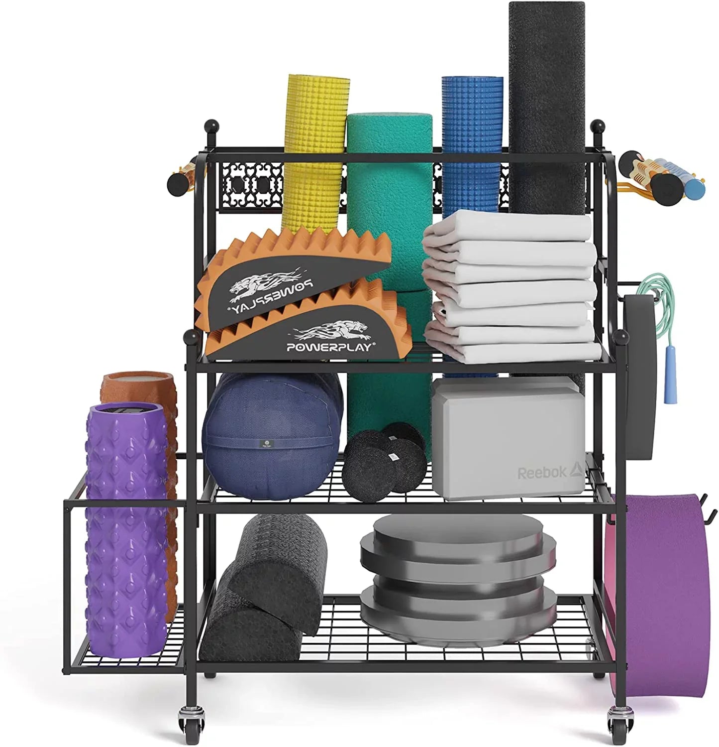 Organizing Rack Foam for Strap Equipment Racks, Yoga Storage Home Mat with Y&M All-in-One Wheels, and Organizer Storage and Hooks Resistance Yoga Workout Storage Band Gym Dumbbells Roller, Kettlebells