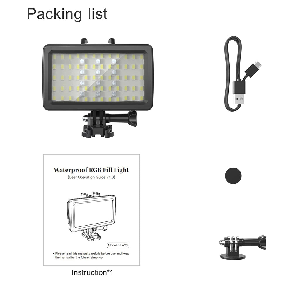 GoPro Video for CRI95+ Waterproof IPX8 Built-in for Rechargeable RGB Underwater Walmeck Photography Diving 40M Fill Replacement 8 Dimmable Underwater Battery Andoer Snorkeling Video SL-20 Modes