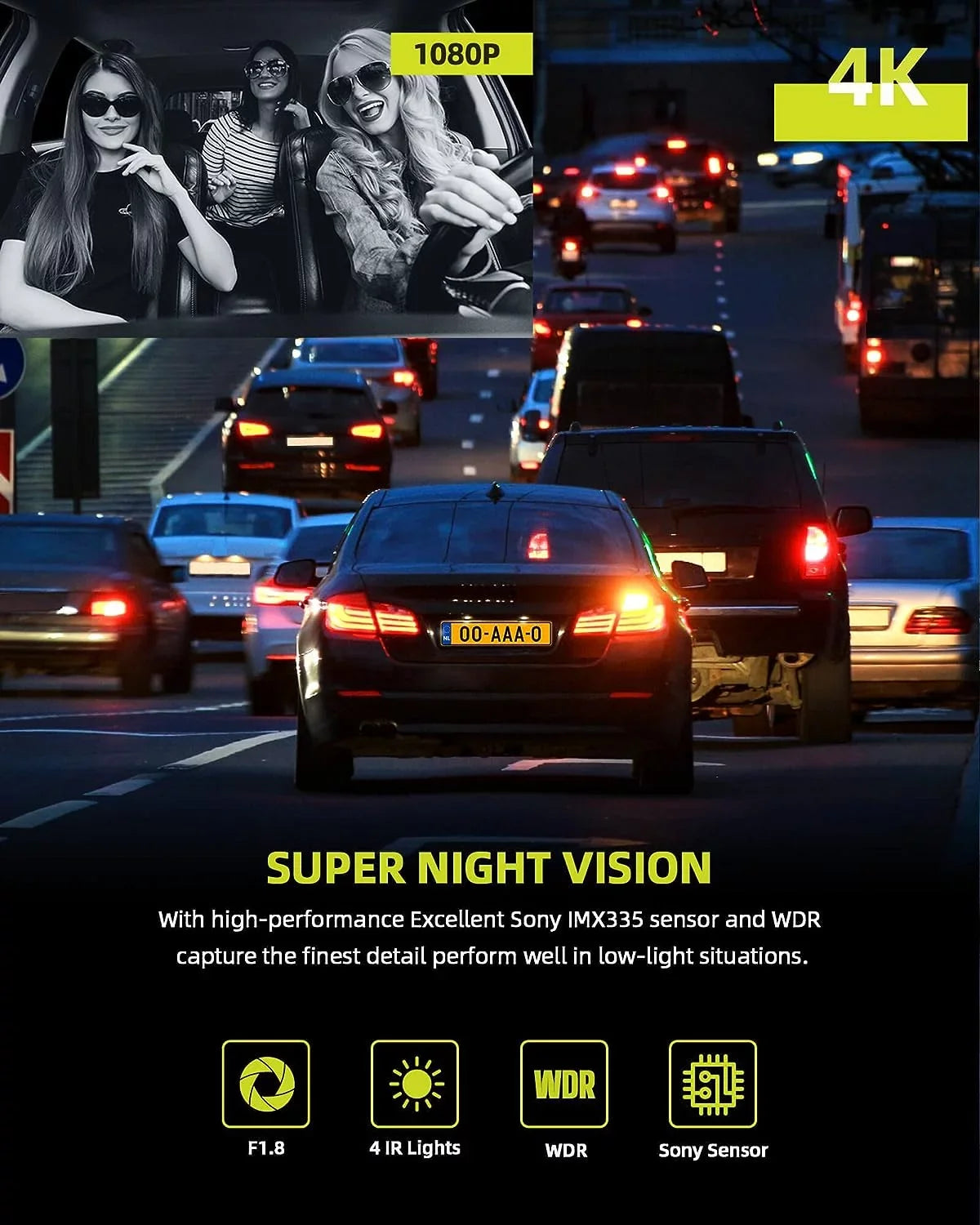GPS Inside Night Front Vision,170° Camera Lock, 2K+1080P+2K Monitor Speed WDR, Wide Angle, IR Camera Parking 4K and Channel 3 TOGUARD Rear Dash Emergency Car