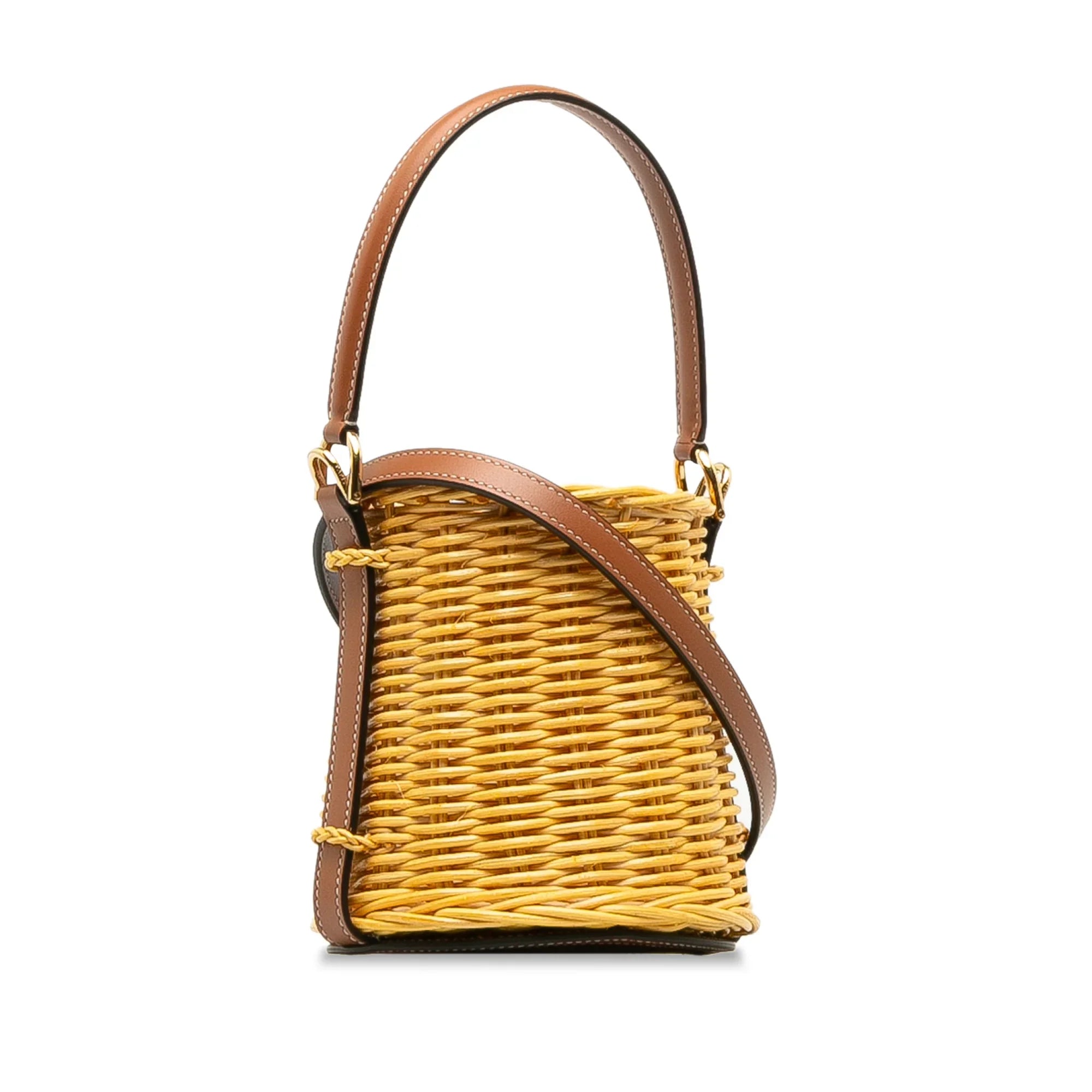 Unisex Wicker Bucket DrawstringBag Celine (Good) Brown Pre-Owned Authenticated Rattan Micro Natural Material Bag