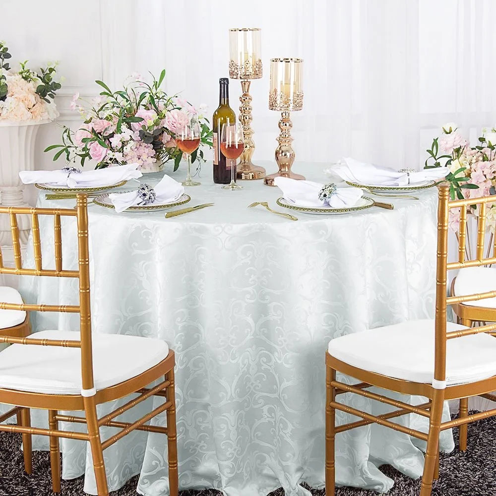 Round Jacquard Polyester Table Cover Inc. Linens Tablecloth White Damask Wedding Linens - 108"