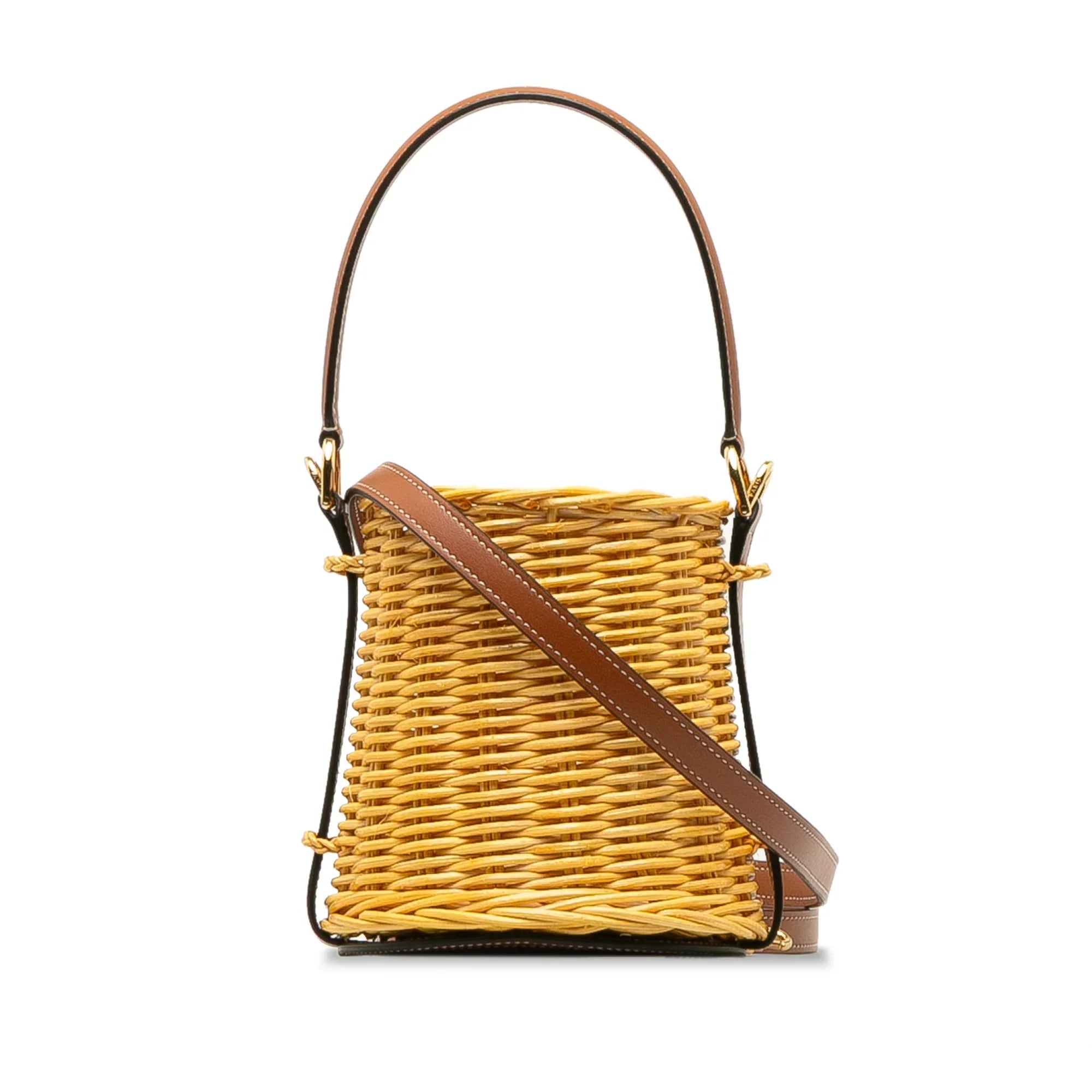 Unisex Wicker Bucket DrawstringBag Celine (Good) Brown Pre-Owned Authenticated Rattan Micro Natural Material Bag