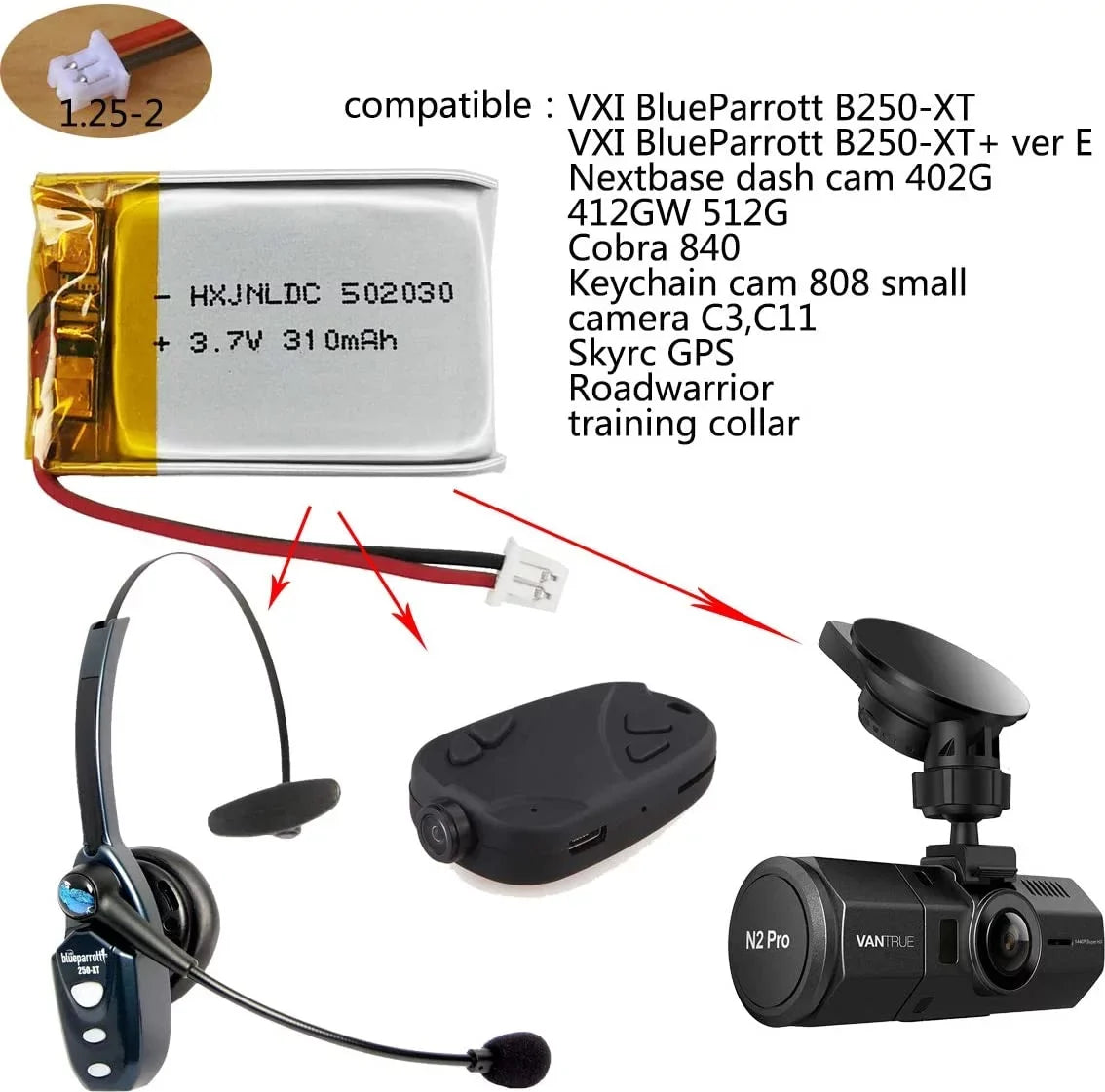 BlueParrott Replacement Bluetooth y 310mah y 3.7V Dash cam B250-XT for dashcam 502030 Nextbase VXI