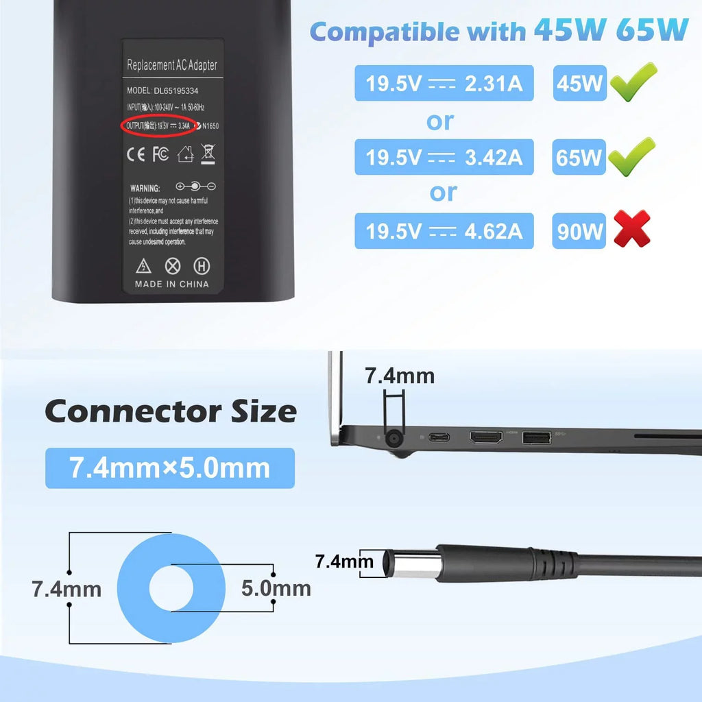 E7480 5500 AC Laptop LA65NM130 7490 E5400 7390 E6540 3440 7480 Charger Dell LA65NS2-01 5480 E5420 E7470 Adapter E5450 65W for E6430 7400 E5470 5400 E6420 Latitude