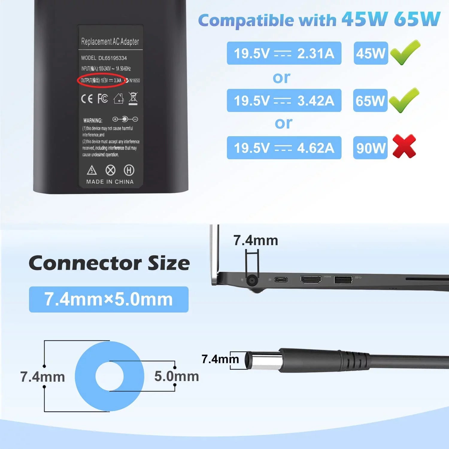 E7480 5500 AC Laptop LA65NM130 7490 E5400 7390 E6540 3440 7480 Charger Dell LA65NS2-01 5480 E5420 E7470 Adapter E5450 65W for E6430 7400 E5470 5400 E6420 Latitude