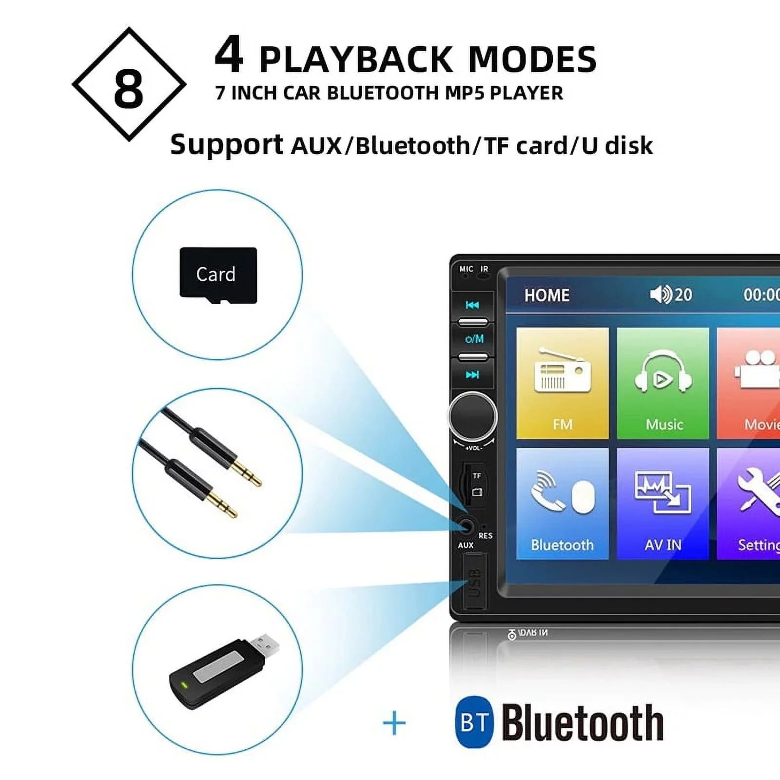 Bluetooth Stereo Car Link with Double Polarlander Audio AUX Touch 4LED Din USB with HD Backup Screen MP5/4/3 Function Car Car Multimedia Player 7-inch SD Camera Mirror Radio FM