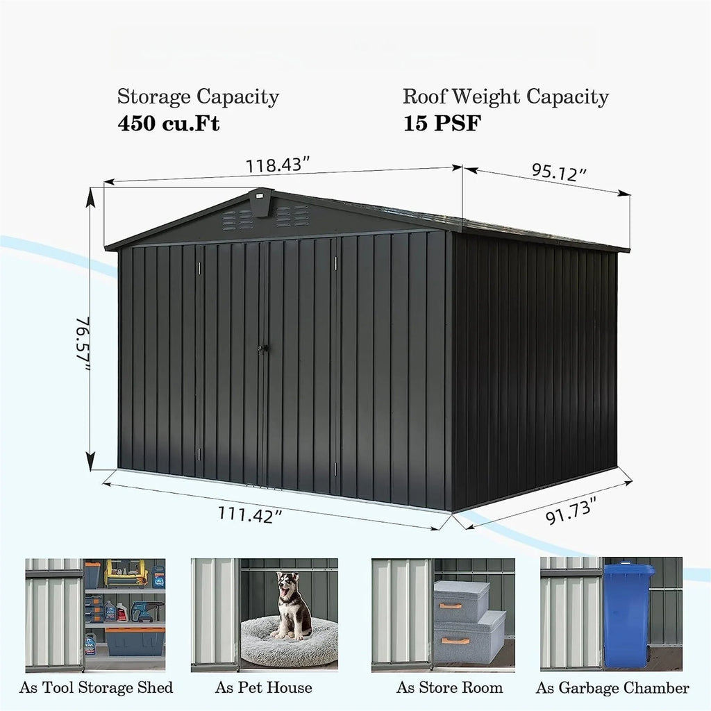 Lawn Door 8', with CoSoTower Metal Steel Trash for Lockable Outdoor Storage Shed Cabinet 10'X for Patio, Black) Bike, Garden Storage Backyard, Outdoor (10X8ft, Shed Galvanized Can, Tools,