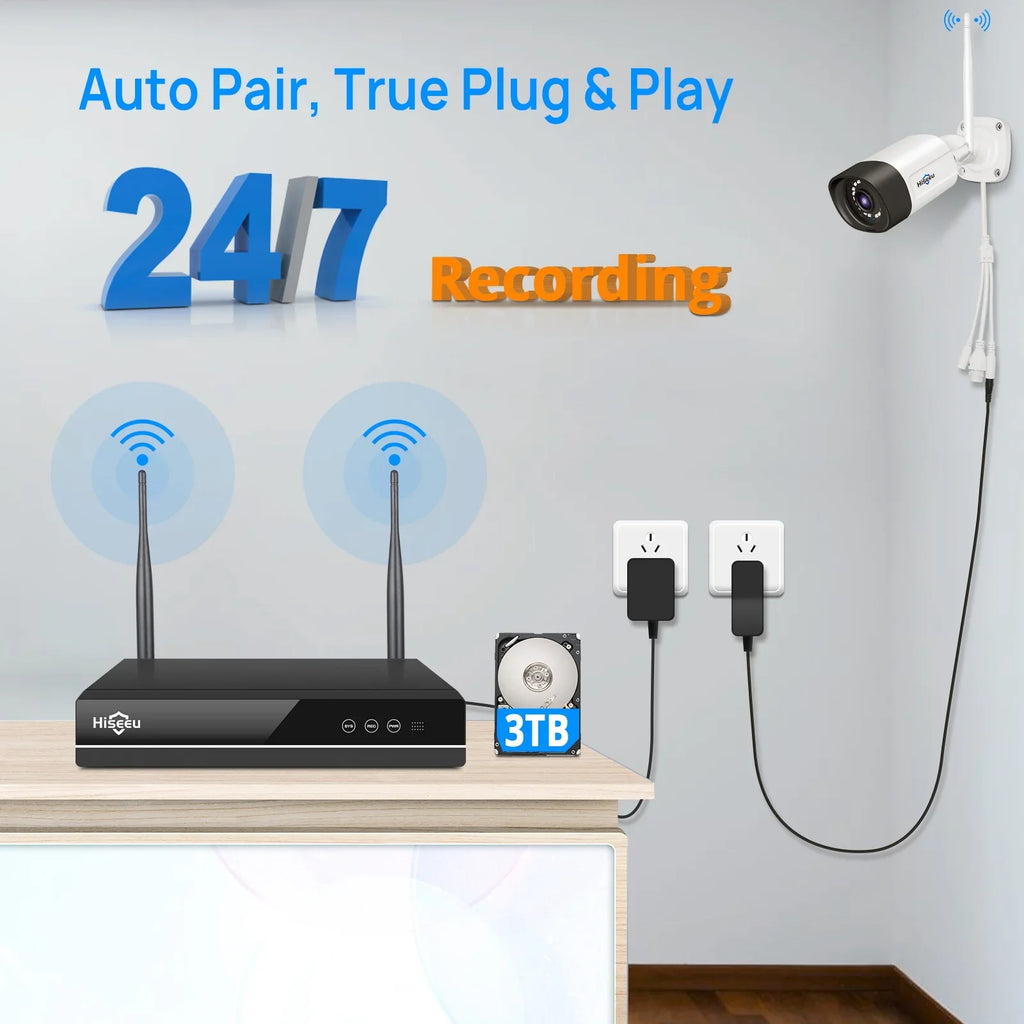Hard 3MP Audio,IP66 Vision,Motion Waterproof,64ft Hiseeu Wireless System 8Pcs Cameras WiFi Wireless 3TB Security Security Home System Night IR WiFi 2-Way Drive, Security Detect Camera with with