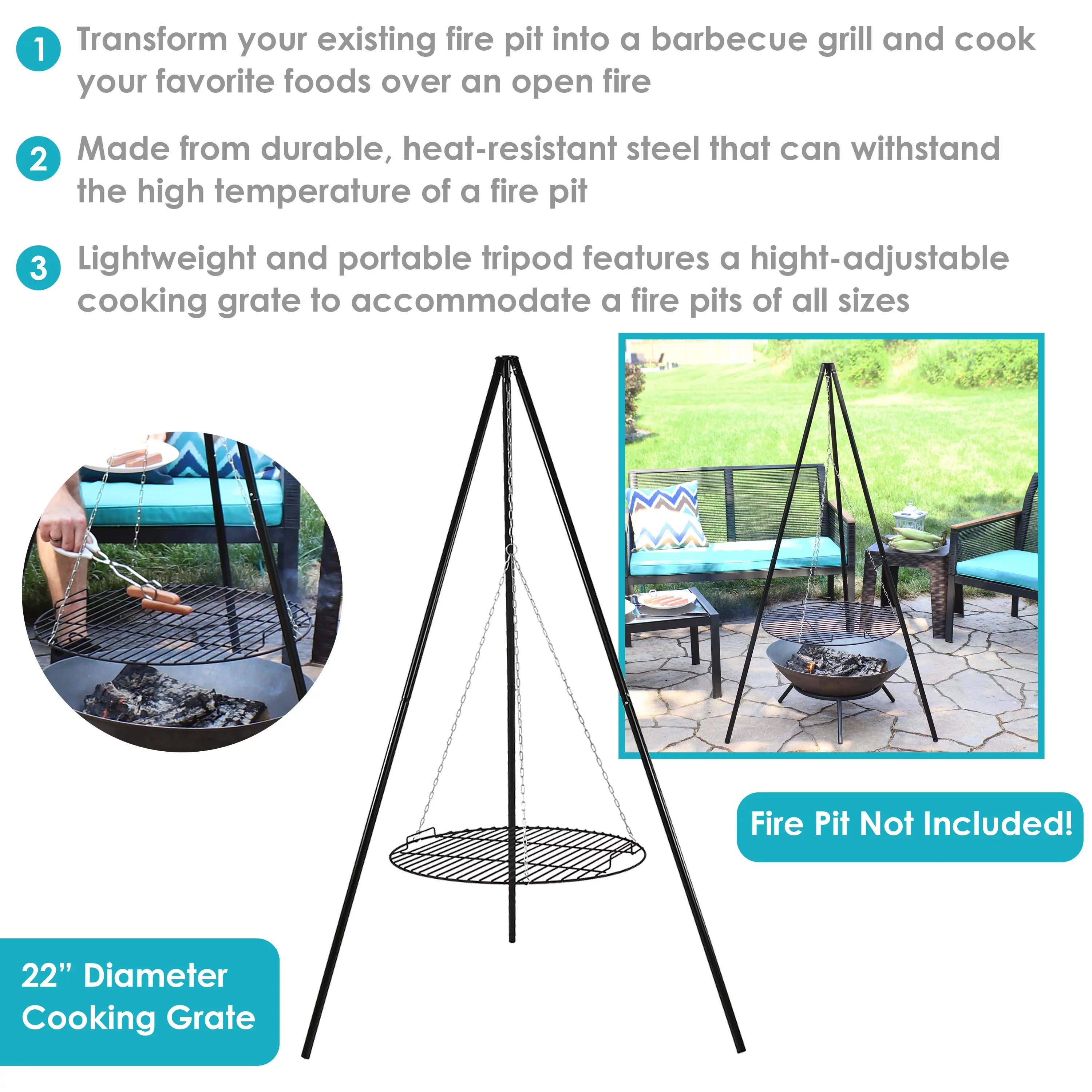 Grilling 22" Set with Diameter Sunnydaze - Cooking Grate Tripod