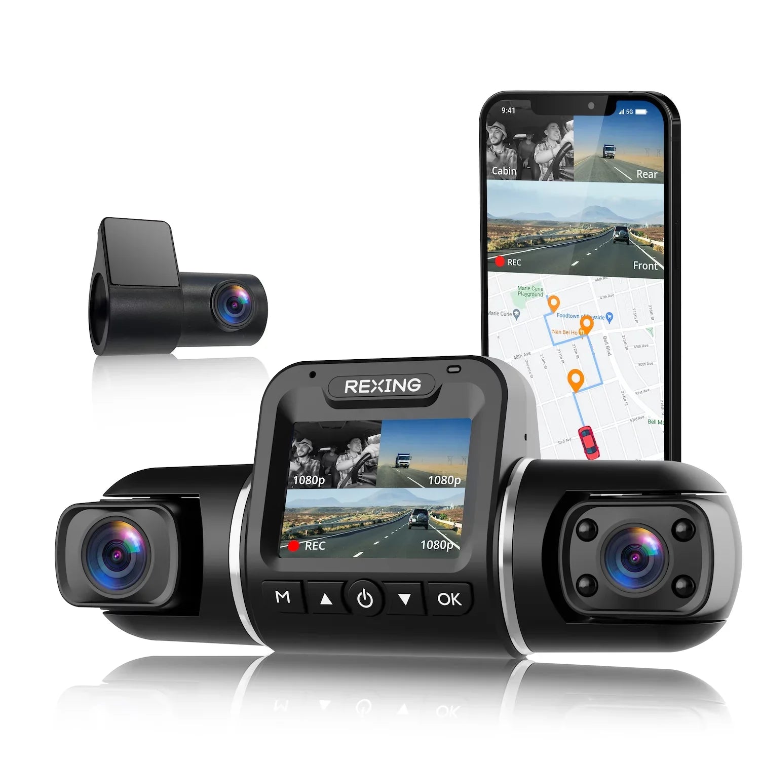 AI with Wi-Fi and Dash V2 Recording Pro Rexing 1080p 3-Channel Front/Cabin/Rear GPS Cam,