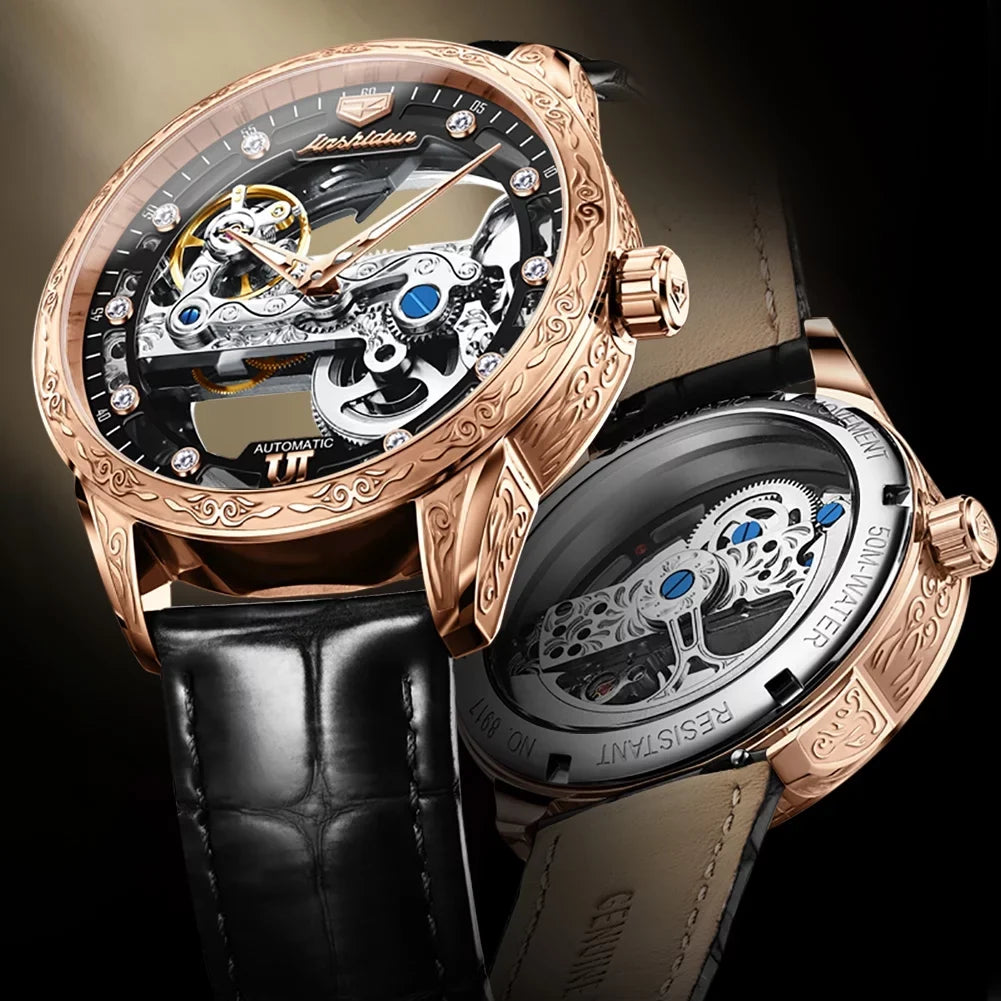 Rose Watch Mechanical Men's Black Luminous Skeleton Transparent Automatic