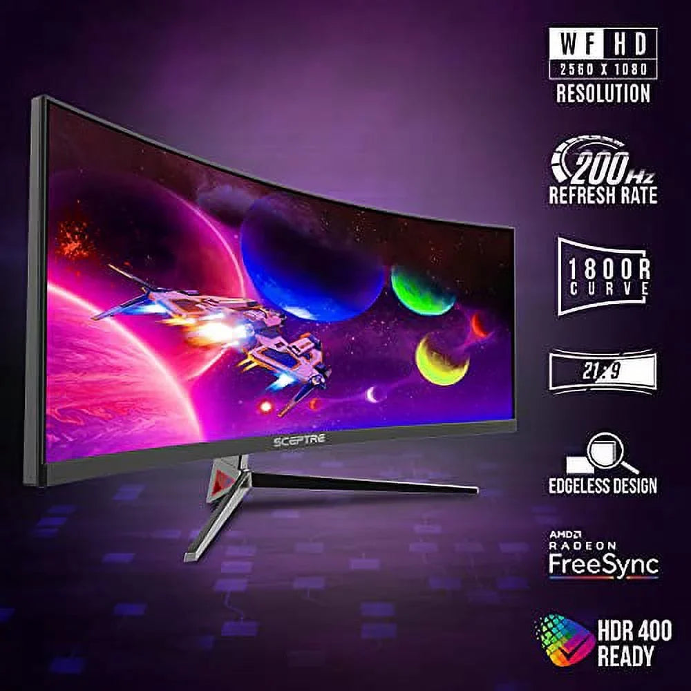 Ultra 2560x1080 30-inch 200Hz 21:9 Ultra Gaming DisplayPort Speakers, Monitor (C305B-200UN1) Build-in Black Sceptre up Curved Metal Wide HDMI Slim to