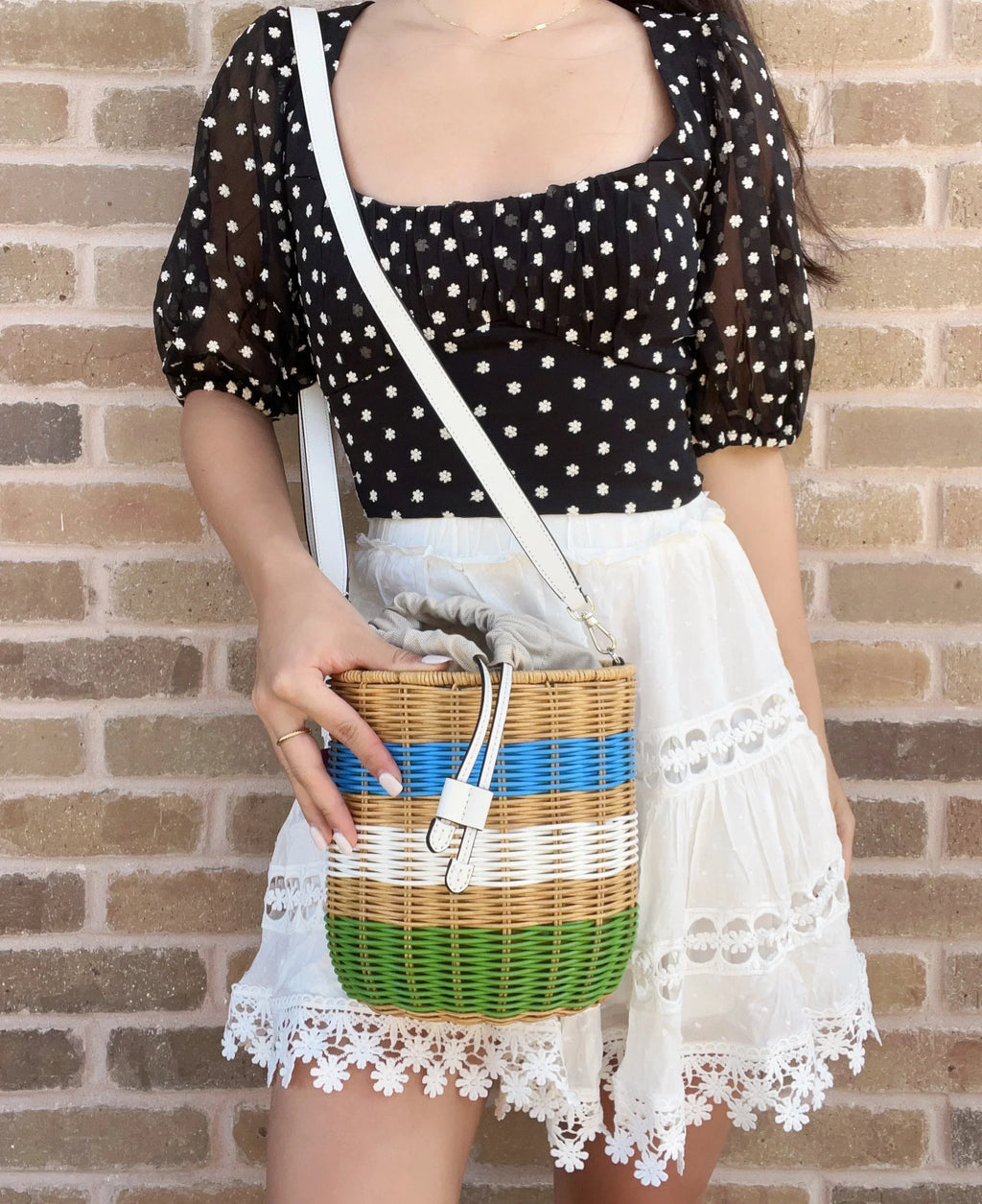 Wicker Medium Crossbody Bucket Drawstring Buoy Shoulder Bag Spade Kate