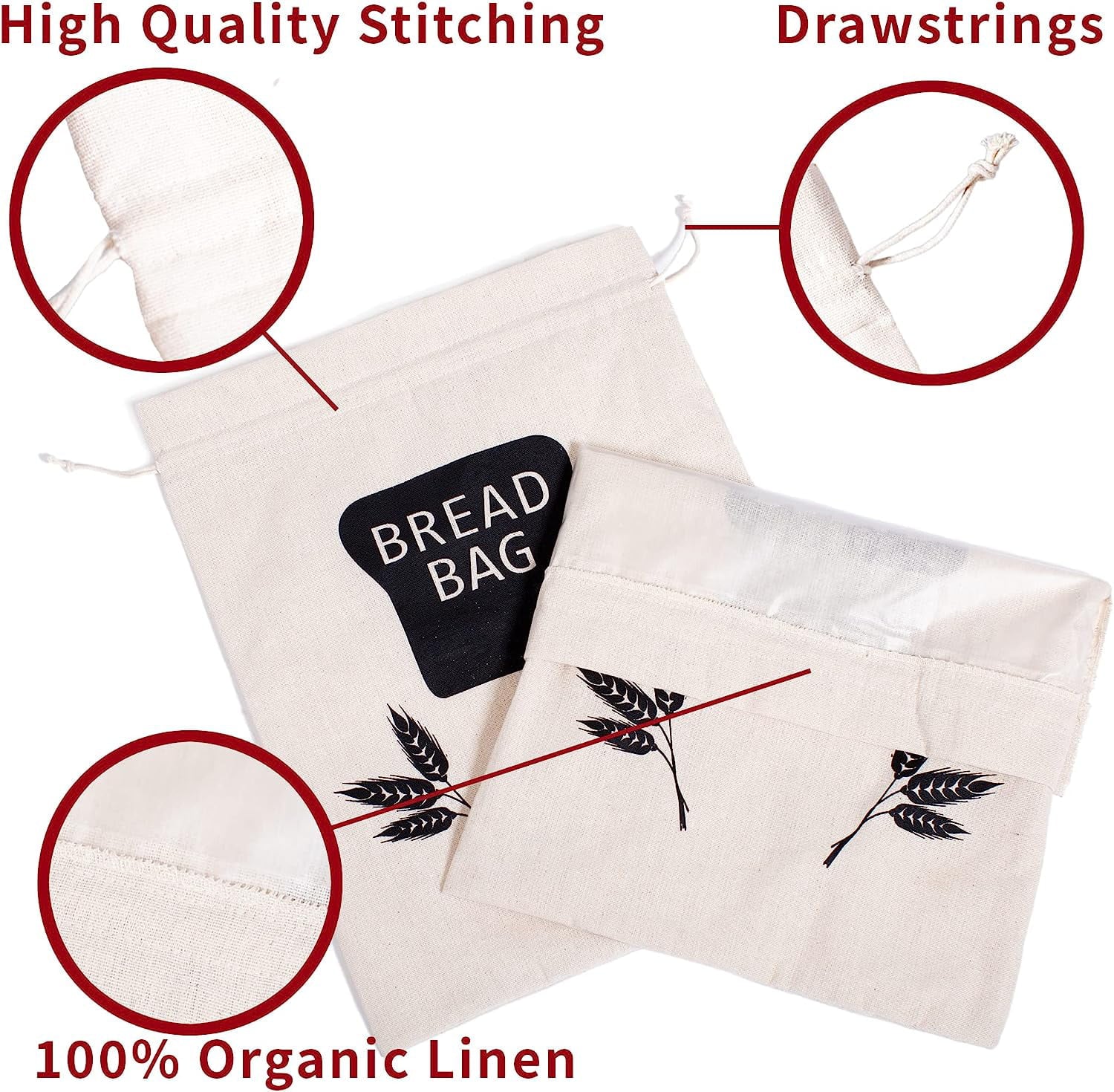 Lined, XL Plastic Bag Saver Bread for Bread X 2 - Linen Storage 17" Homemade x - & Bags Baodeli Homemade 13" Bread Reusable Cloth For Sourdough