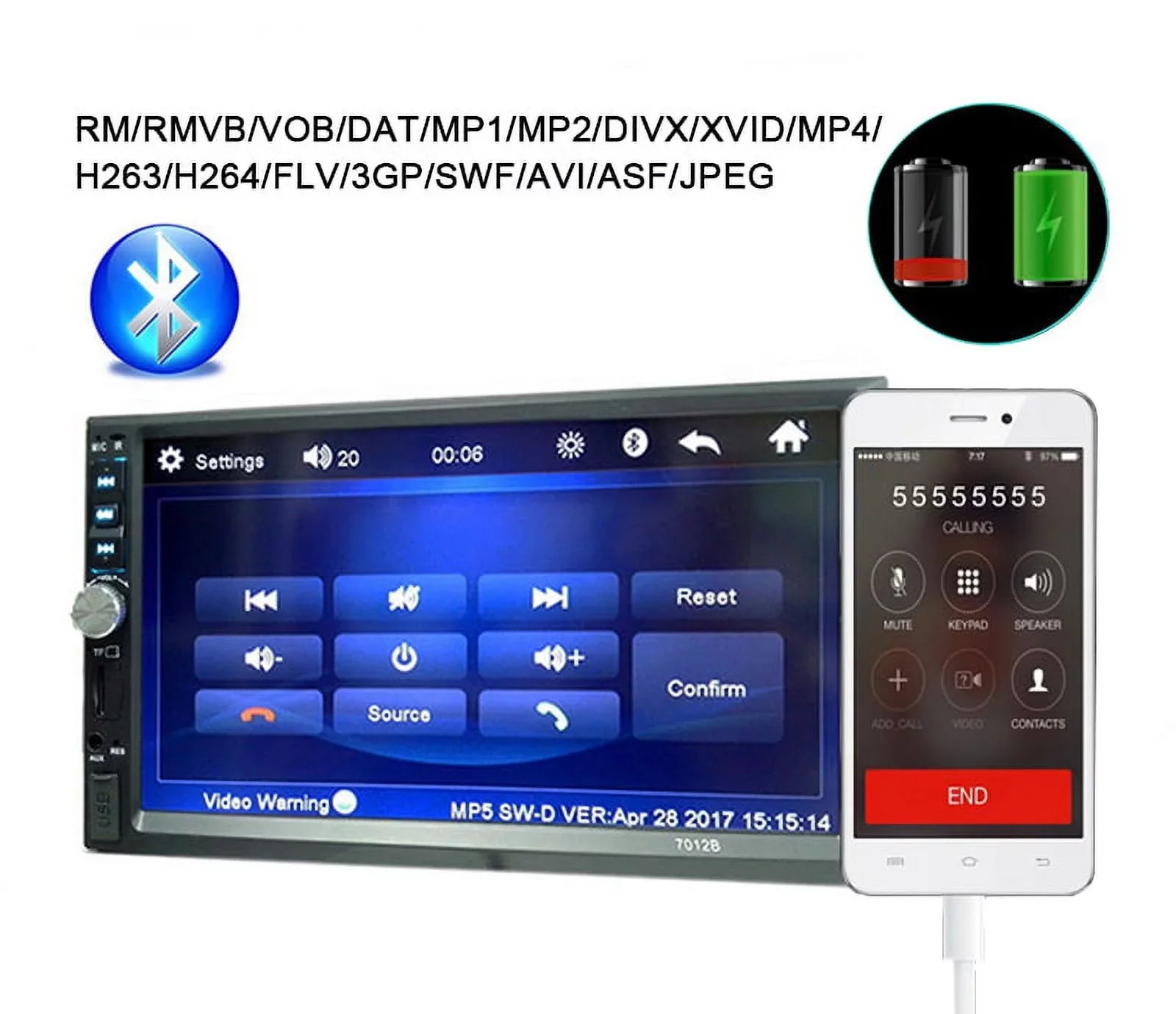 radio Din USB Audio Player Multimedia Car Car Polarlander Car backup Touch Stereo with SD Double Bluetooth function AUX 7-inch link mirror 4LED MP5/4/3 Screen with camera HD FM