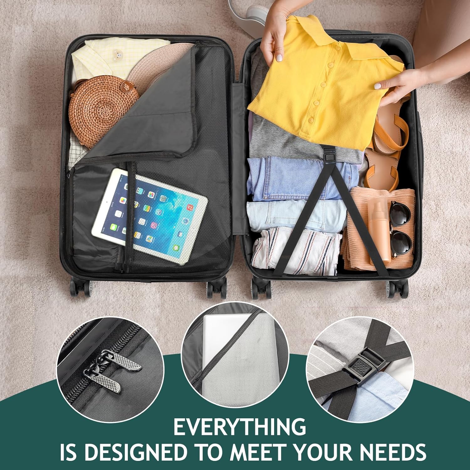 Suitcase Green Wheels lock, Carry Hardside Spinner ABS Luggages for Portable of with Lightweight Sets 3 - Dark & Set on TSA Business Luggage Travel (20/24/28)