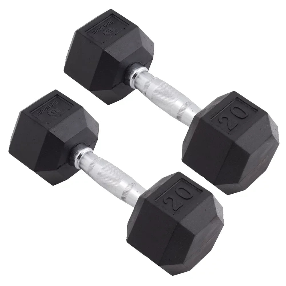 Sport Set of Black/Metal Pounds - Dumbbell 20 Rubber Body Encased - Two - Hex
