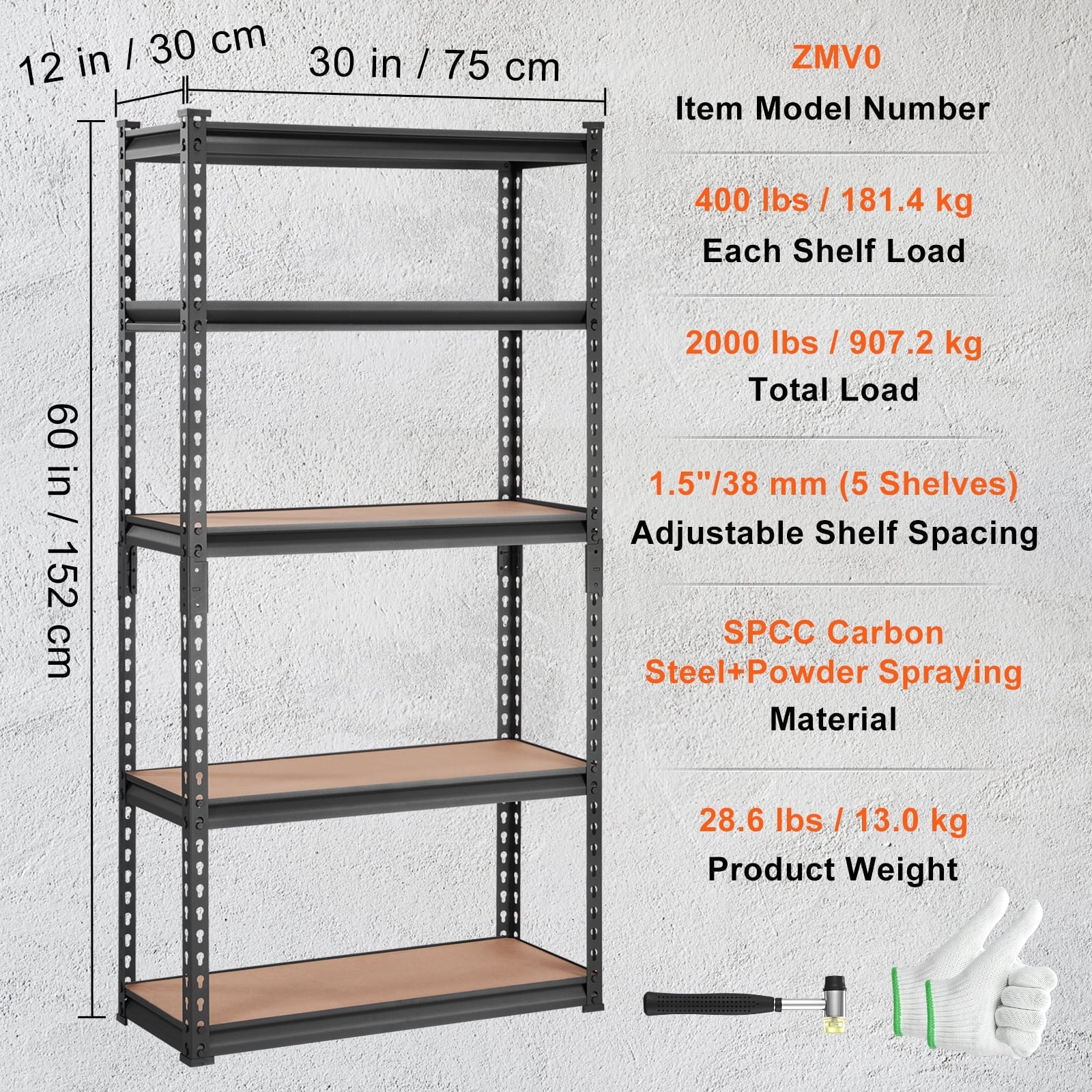 Steel 5 lbs 30"W x Heavy Shelving Storage x Load Adjustable Tier Unit, 12"D Duty 60"H BENTISM 2000 Garage Rack