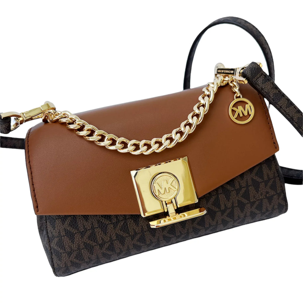 Crossbody Tone Small Kors Bag Brown Lita Two Michael MK Logo Leather
