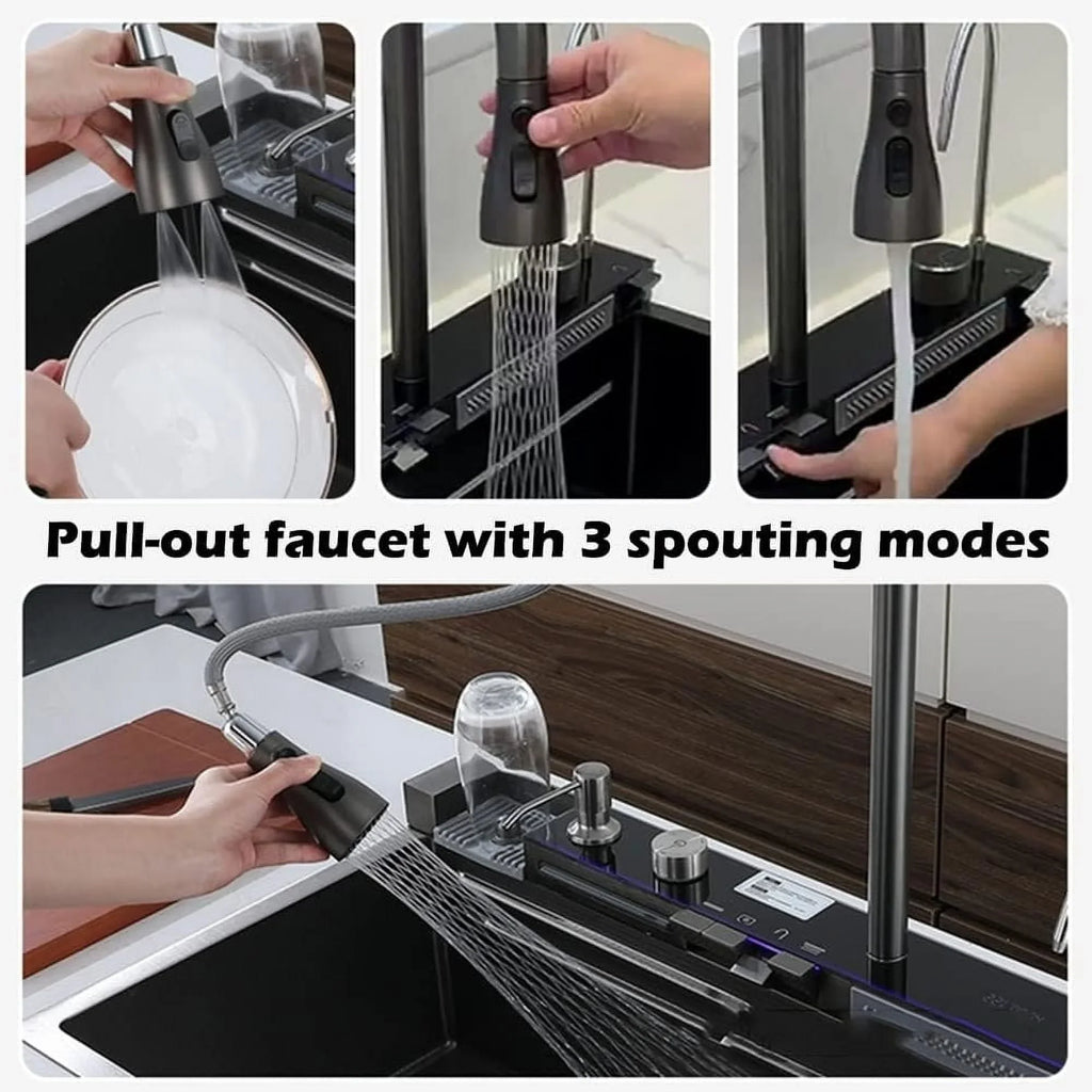 Flying Rain SinkIntegrated Tap Sink Waterfall Set Pull-Out with Household Nano Black INCH 29.5 Sink