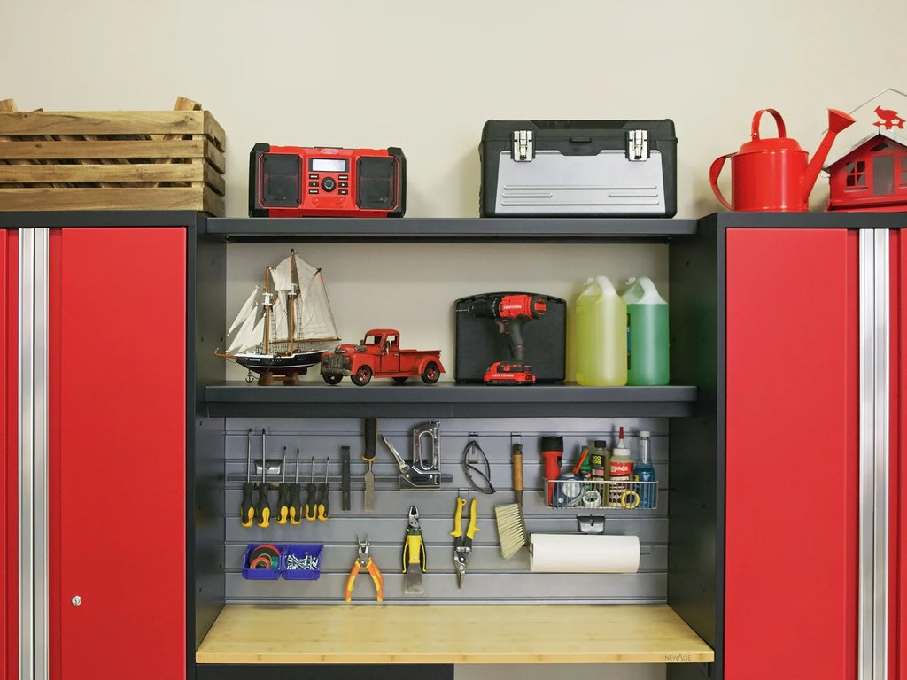 Duty Garage Storage Steel Slatwall Set, Wall Bold System, NewAge Cabinet Shelf Heavy Mounted Red / Products Included Series 24-Gauge 13 Piece