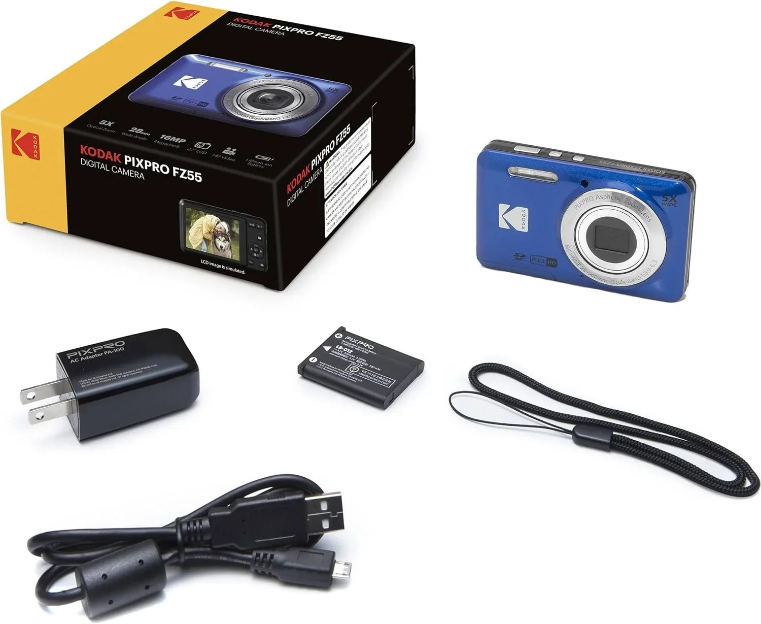 Kodak + Full Blue Wallet Zoom Tripod Camera + Case Memory Bundle PIXPRO HD FZ55 Video Digital Wide Cleaning 1080P + 16MP and + + LCD 64GB 2.7" Angle Camera Optical Reader Card 5X 28mm