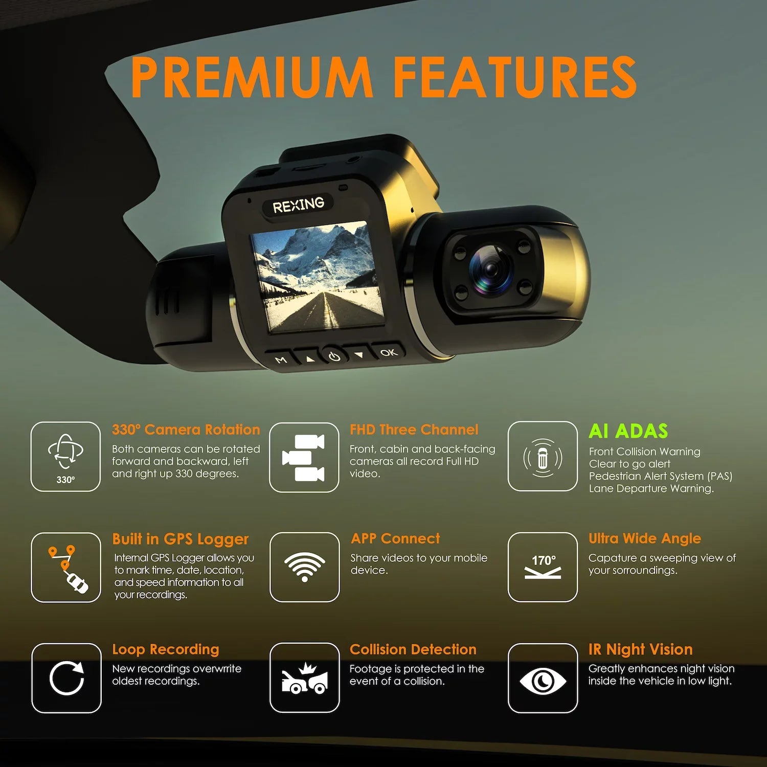 AI with Wi-Fi and Dash V2 Recording Pro Rexing 1080p 3-Channel Front/Cabin/Rear GPS Cam,