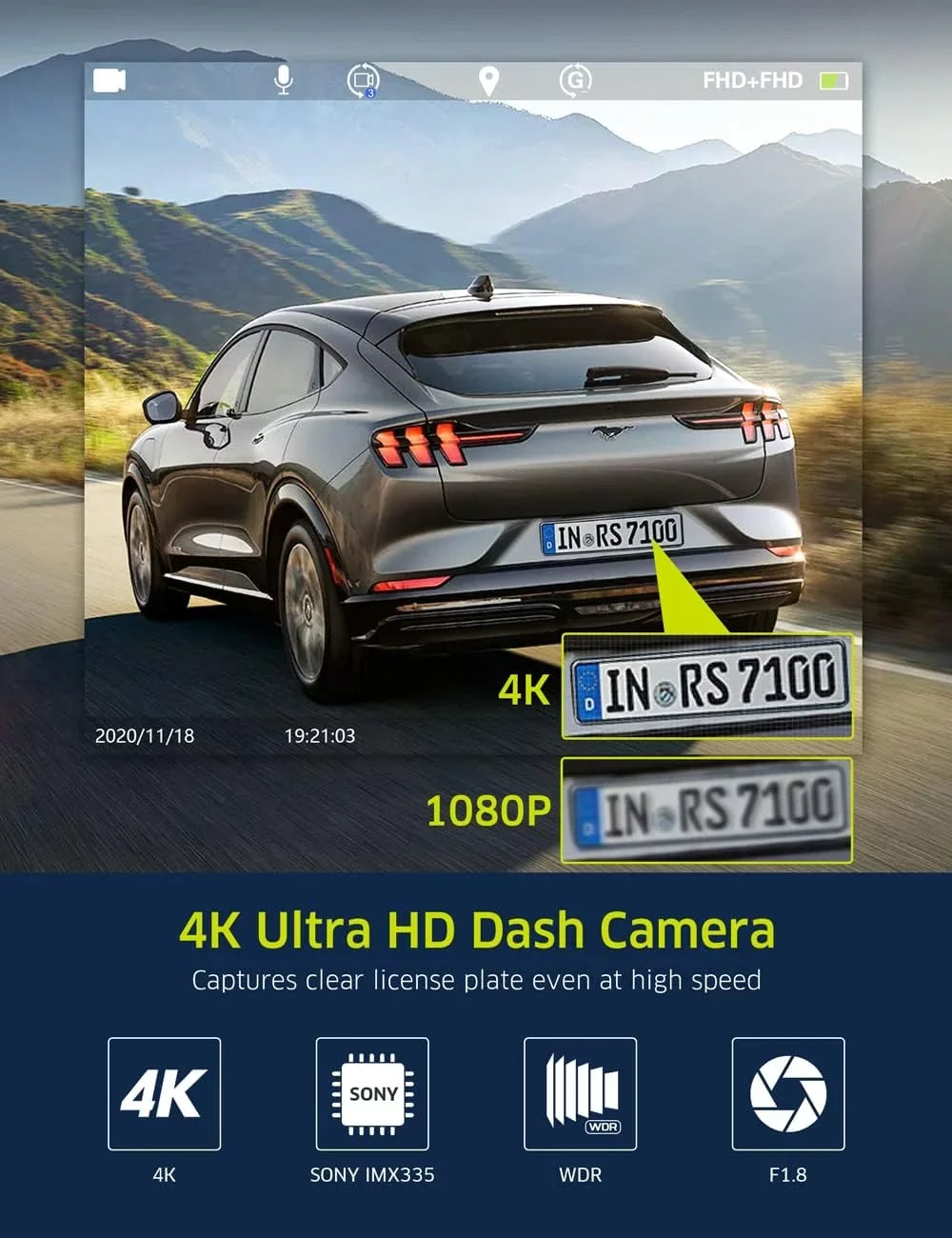 Camera and GPS Camera WiFi UHD Night Dash Card Cam, Inside Front 4K IR with Vision Car 64GB Dash TOGUARD