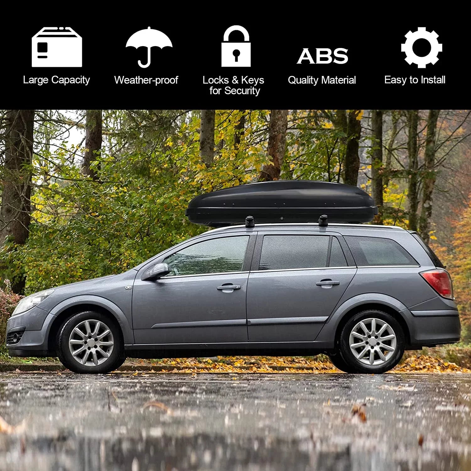 TUFFIOM Shell SUV Roof Car Hard Waterproof Luggage Box Feet Dual-Side Cubic Cargo Rack, Rooftop Carrier for Capacity, w/Cross w/Keys, Cargo Opening, Bars, Storage 13.4 Travel Black Van 150LBS