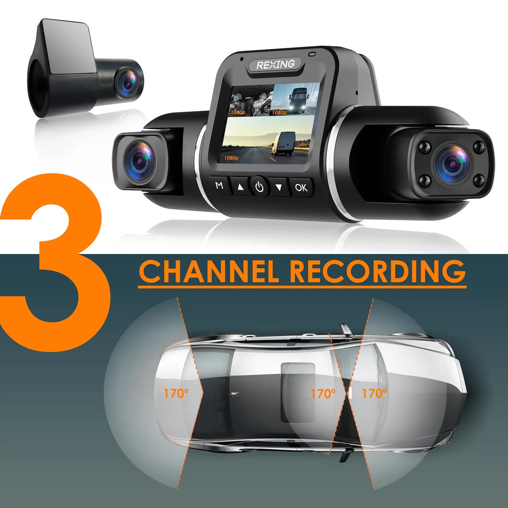 AI with Wi-Fi and Dash V2 Recording Pro Rexing 1080p 3-Channel Front/Cabin/Rear GPS Cam,