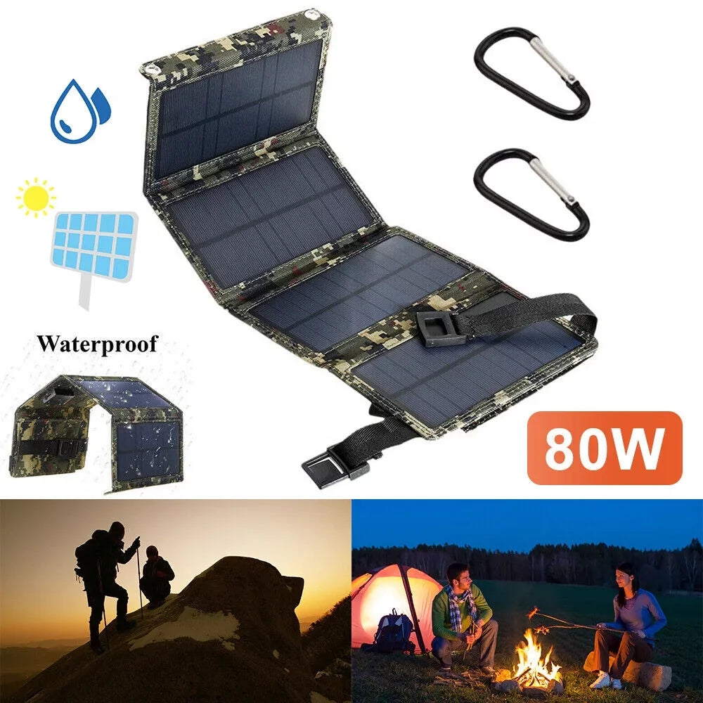 80W Bank Panel Outdoor Solar Camping Paddsun Phone Power Hiking Folding USB Charger