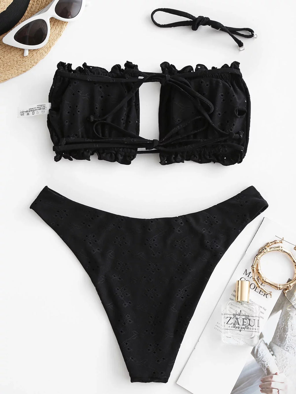 Suits Womens Ruffle Piece Tie Sexy Cutout ZAFUL 2 Ribbed Cut Bikini Bathing Swimsuit High Bandeau