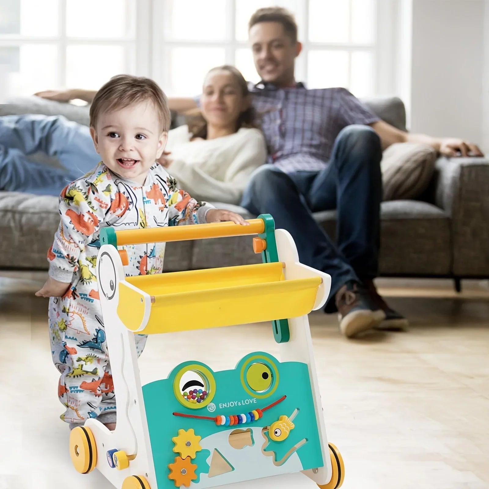 Sit-to-Stand Baby Kids Push Wooden Walker Multiple Shape Walker Baby Learning Entertainment Toy Xylophone Girls with Push Along Infants Activity Center for Toddler Boys Fishing Sorter Trolley