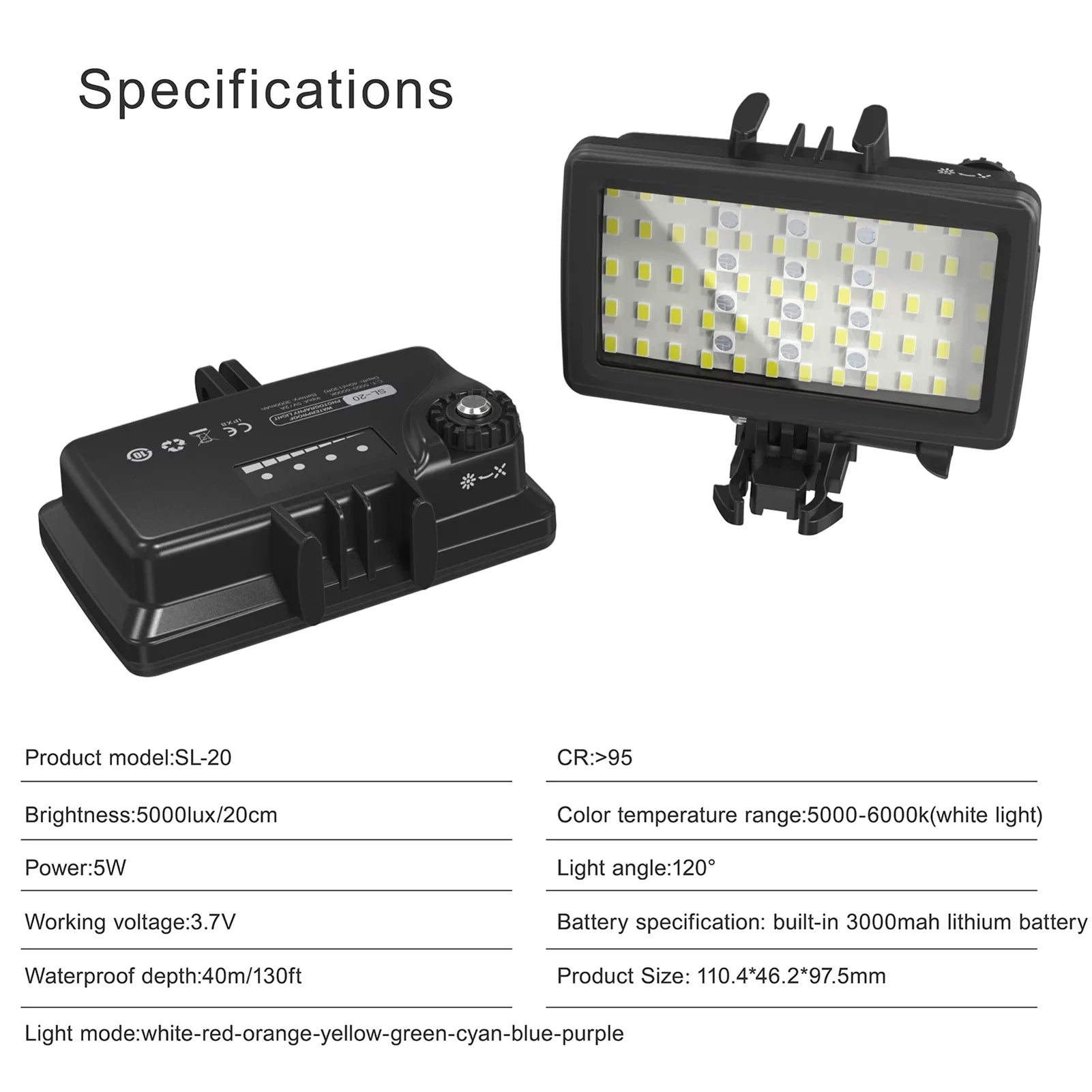 GoPro Video for CRI95+ Waterproof IPX8 Built-in for Rechargeable RGB Underwater Walmeck Photography Diving 40M Fill Replacement 8 Dimmable Underwater Battery Andoer Snorkeling Video SL-20 Modes
