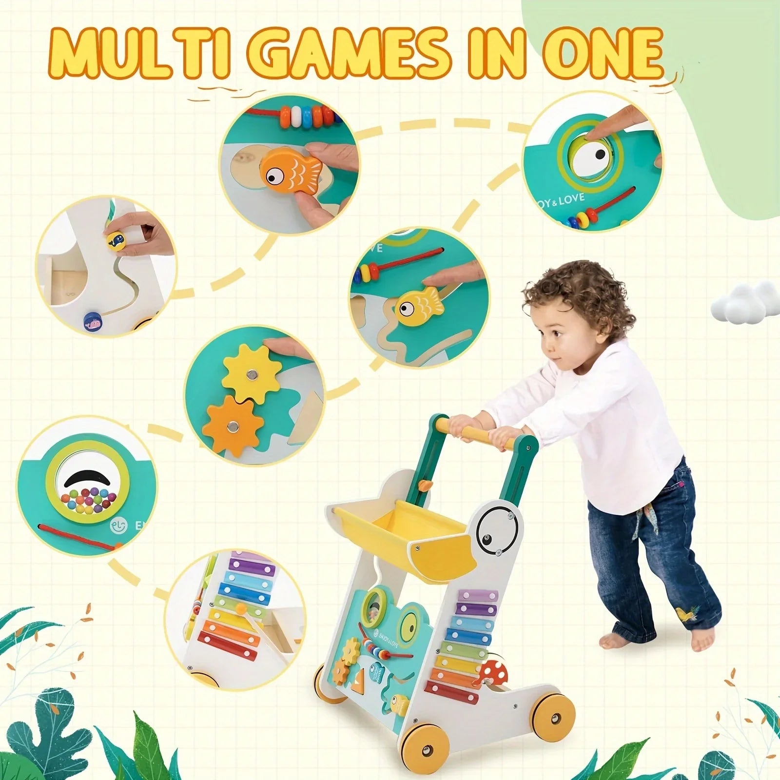 Sit-to-Stand Baby Kids Push Wooden Walker Multiple Shape Walker Baby Learning Entertainment Toy Xylophone Girls with Push Along Infants Activity Center for Toddler Boys Fishing Sorter Trolley