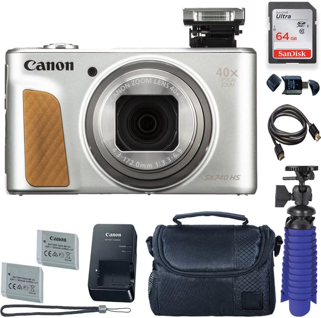 Case 64 (Silver) Card + Batteries with Camera Tripod Canon + HS Premium + 2 Camera Digital PowerShot SX740 GB