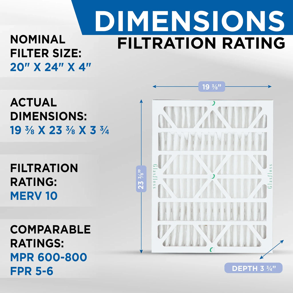 x Inch 4" Pleated 19-3/8 Actual Size: 23-3/8 Pack Air Filters Glasfloss. 10 by MERV 6 of x 20x24x4 3-3/4