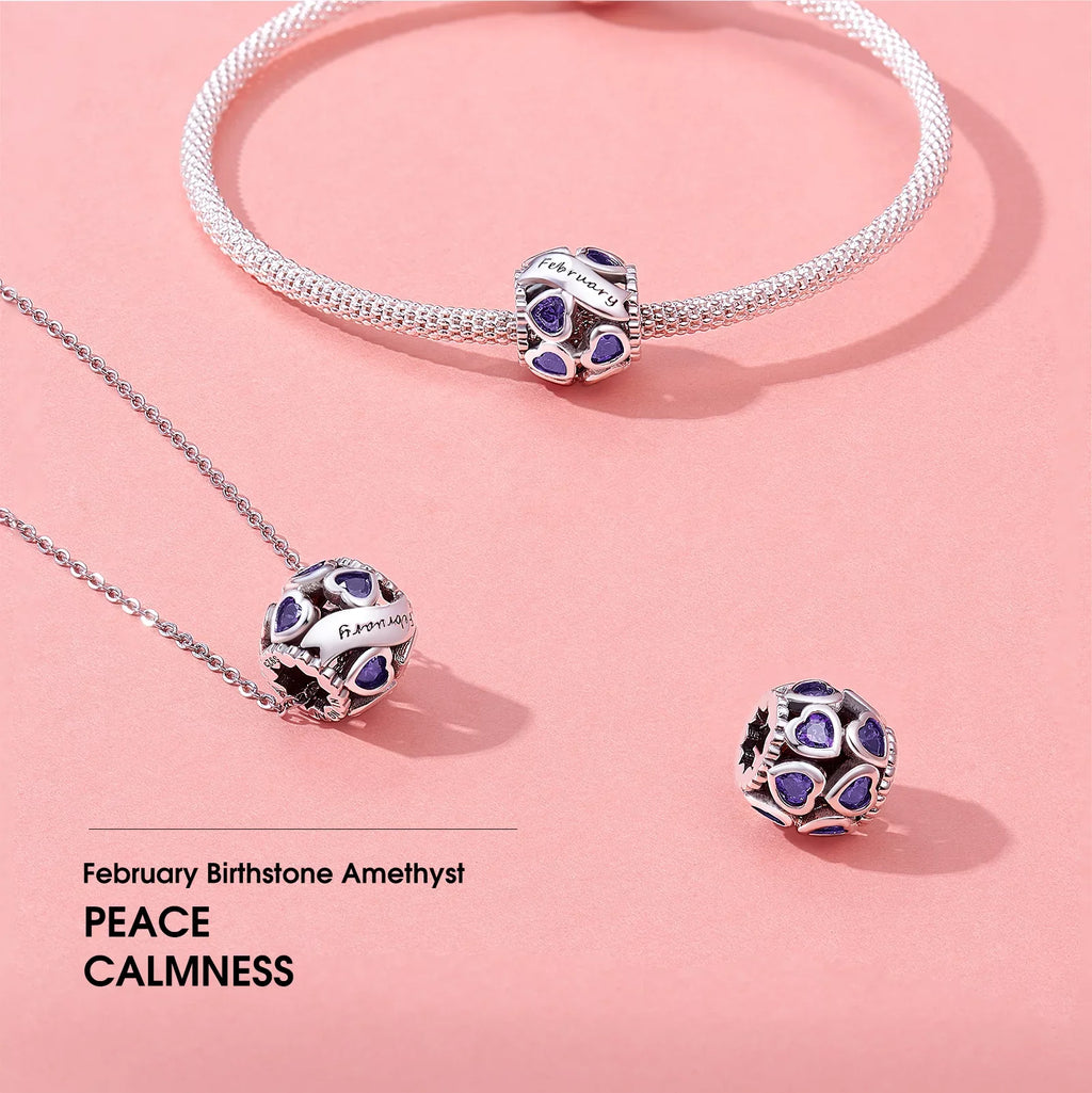 Bracelets 925 Heart Birthstone NINGAN Silver Pandora February Bead Love Charms Charms Openwork Sterling for