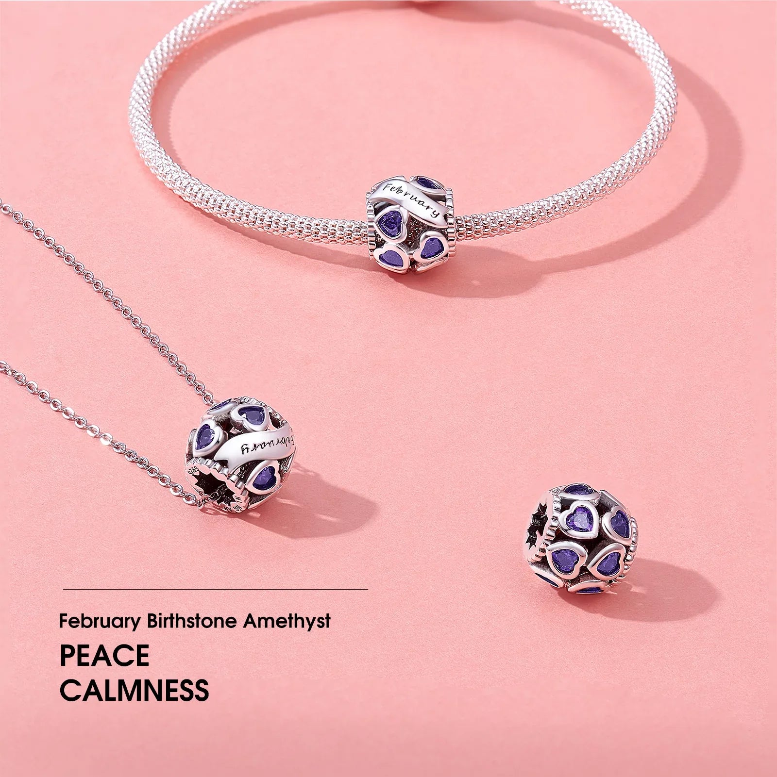 Bracelets 925 Heart Birthstone NINGAN Silver Pandora February Bead Love Charms Charms Openwork Sterling for