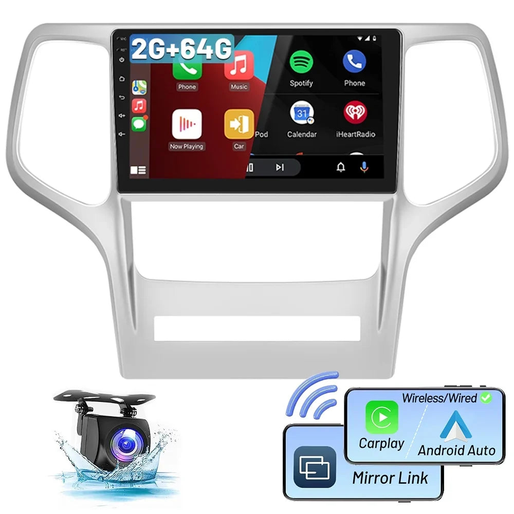 Stereo Link Bluetooth Grand 9'' for Wireless Auto USB, Car Touchscreen GPS Android Cherokee Camera Mirror Android 2+64G Hifi Backup 2008-2013 WIFI Carplay AHD Podofo Jeep Radio FM 13