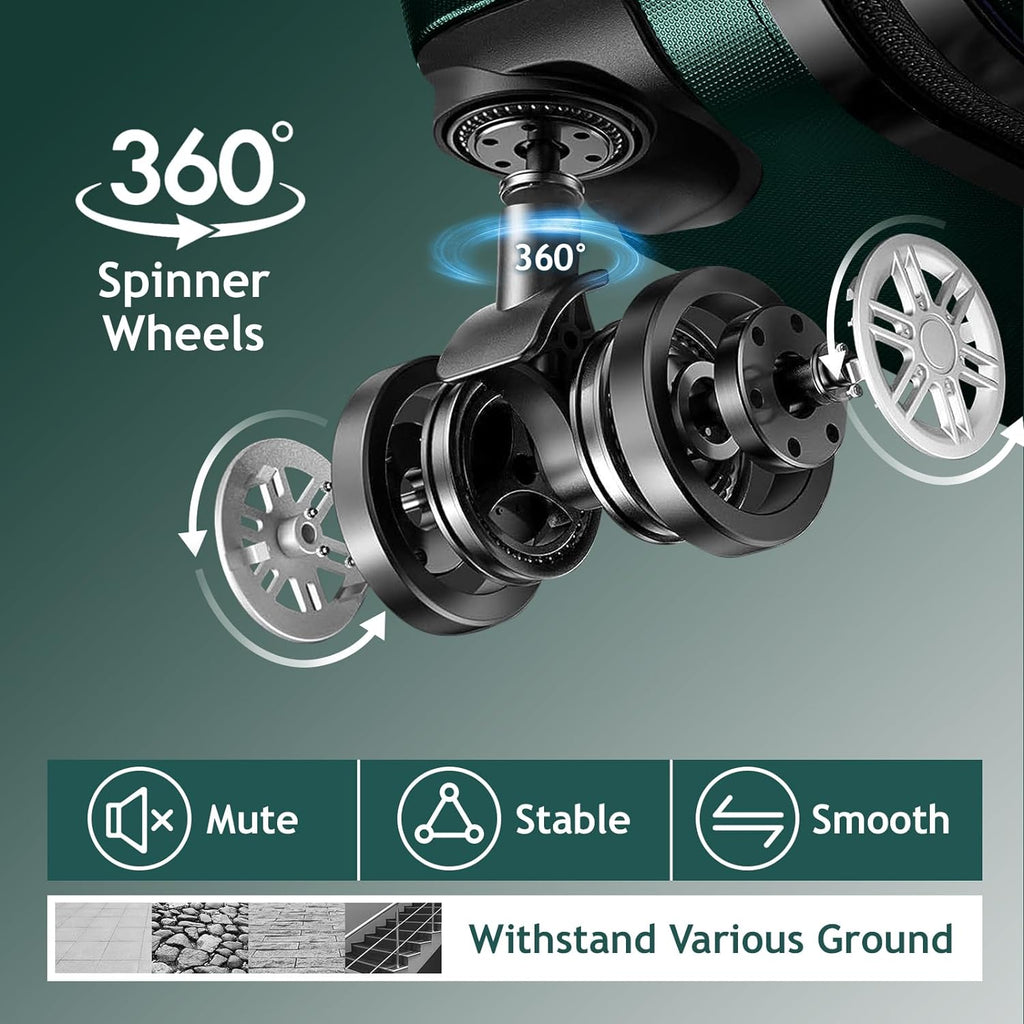 Suitcase Green Wheels lock, Carry Hardside Spinner ABS Luggages for Portable of with Lightweight Sets 3 - Dark & Set on TSA Business Luggage Travel (20/24/28)