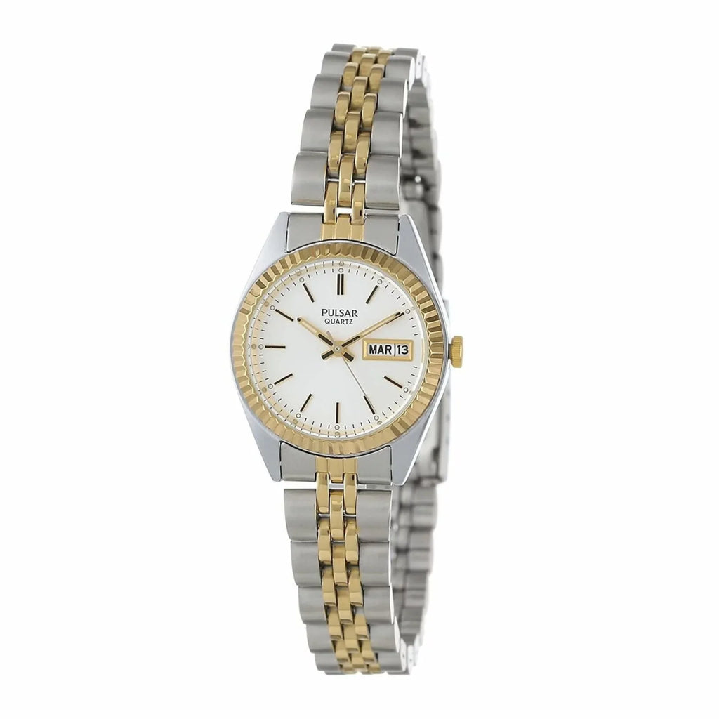 Day/Date Ladies Watch White Bracelet Face Case - Stainless Gold-Tone