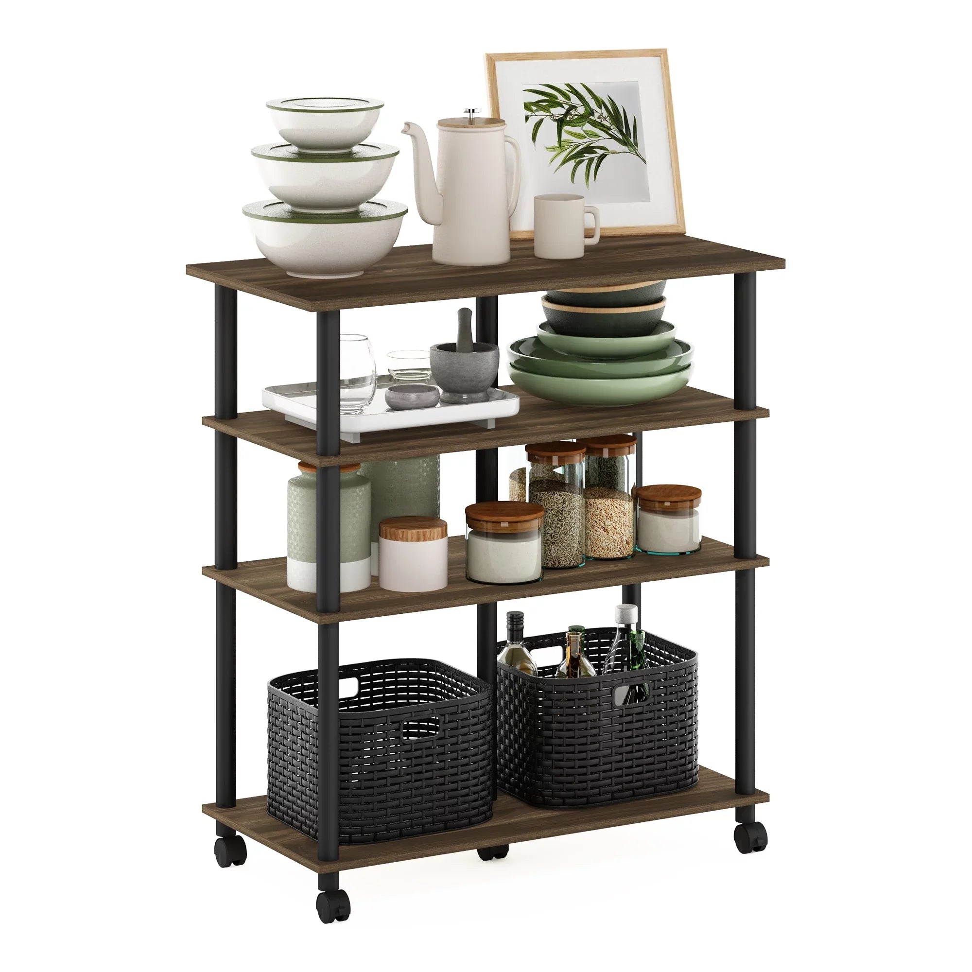 Rolling Island Walnut/Black Kitchen on Columbia wheels, Furinno Helena 4-Tier