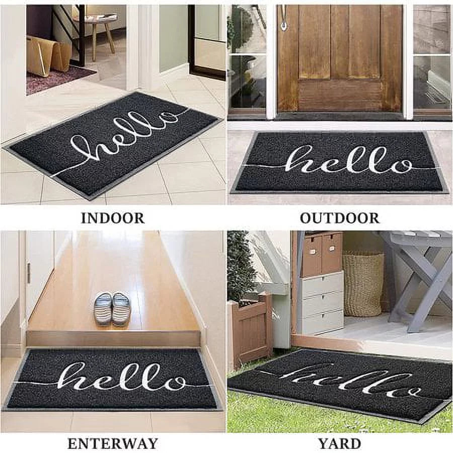 and Indoor-Outdoor, Design 2-Pack (W) Hello Black, x Non-Slip Kitchen 17.5" 30" Door, for JATOK (L) Bathroom, Front Floor Patio, Mat