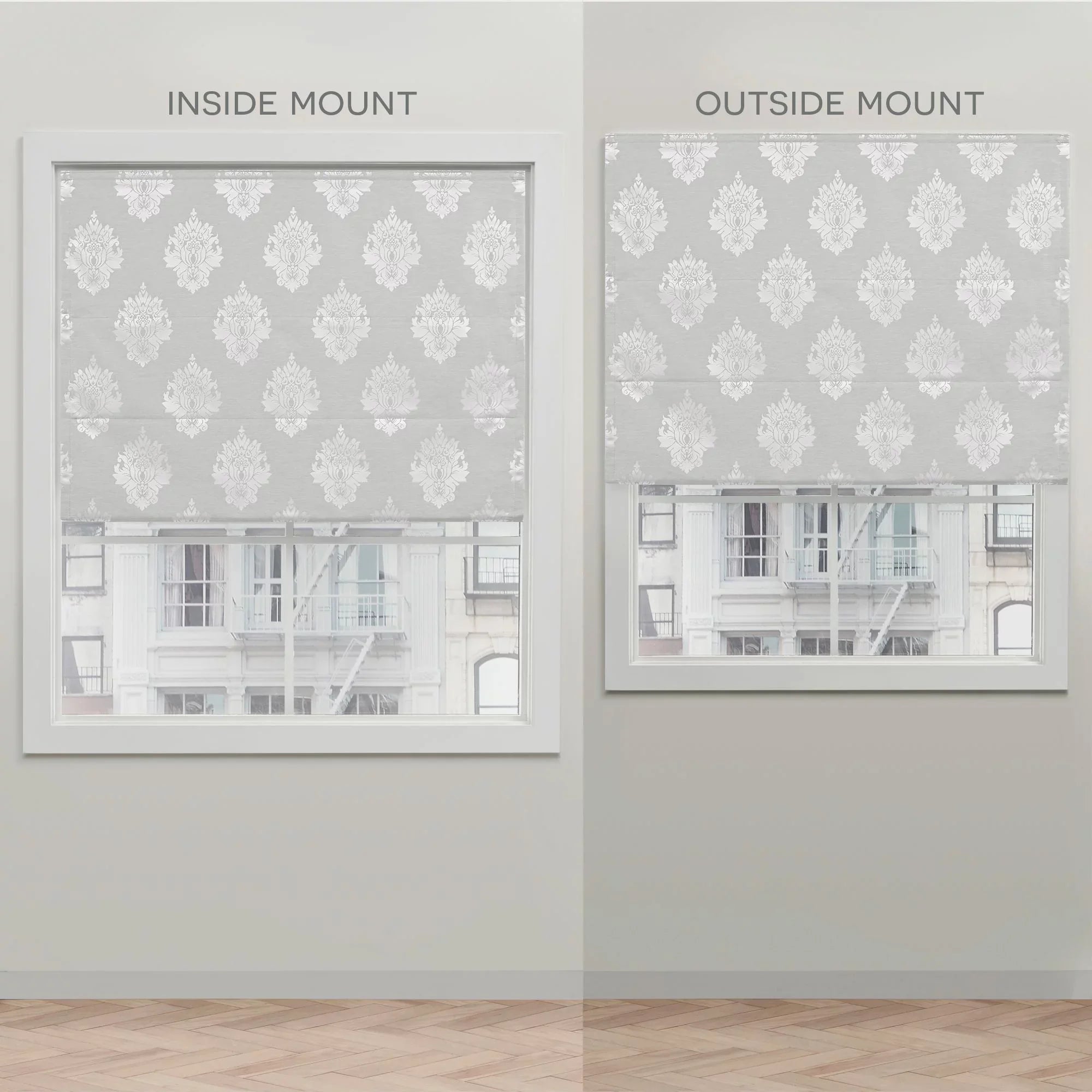 Silver Damask Exclusive Home 34"x64", 100% Marseilles Roman Shade, Blackout