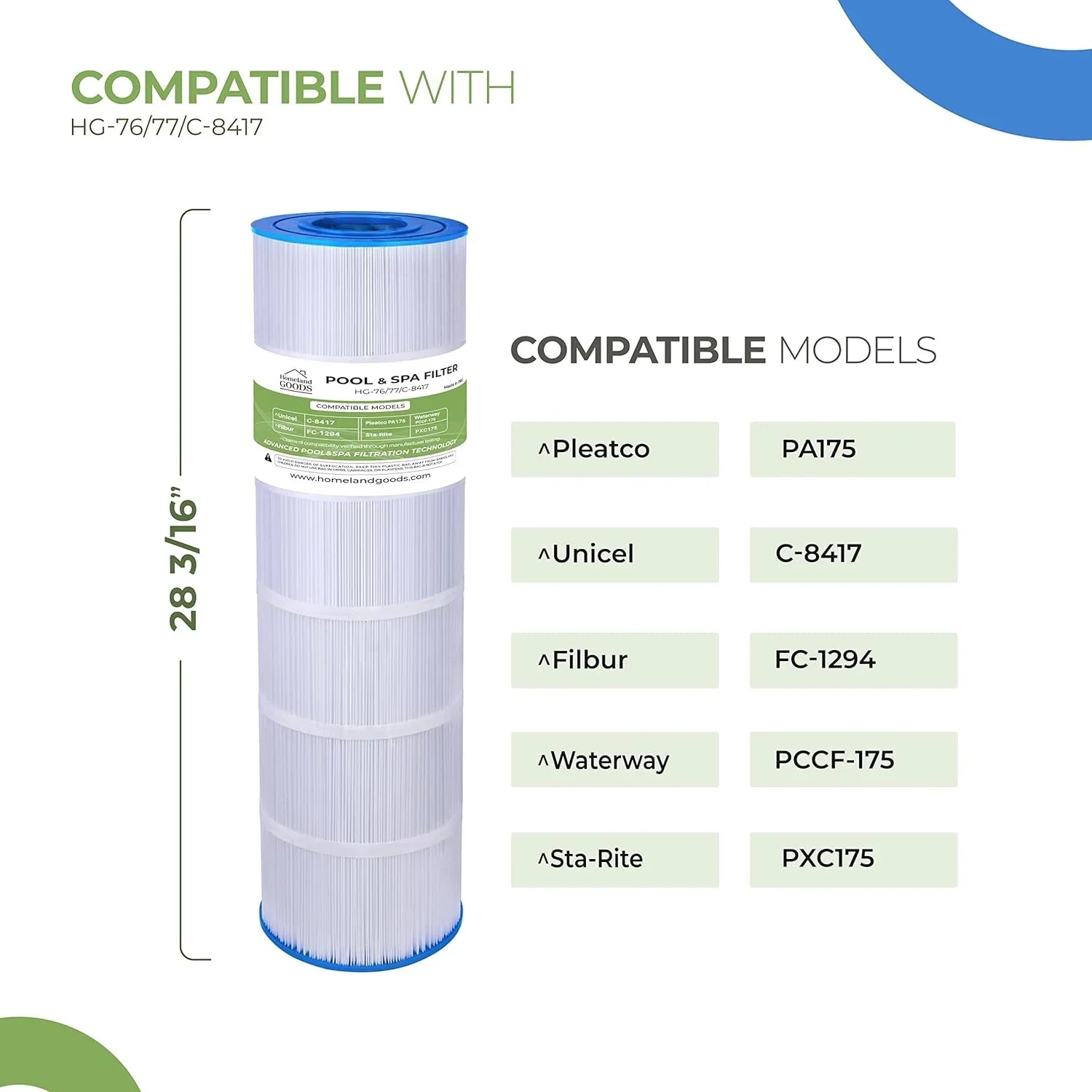 sqft C-8417, 8 15/16" Sta-Rite 3/16" Waterway Homeland 175, 1PK Goods Filter x Filbur 28 Hayward 175 PA175, 25230-0175S, C1750, FC-1294, PCCF-175, Pool Unicel CX1750RE, PLF175A PXC 817-0175P, Replaces