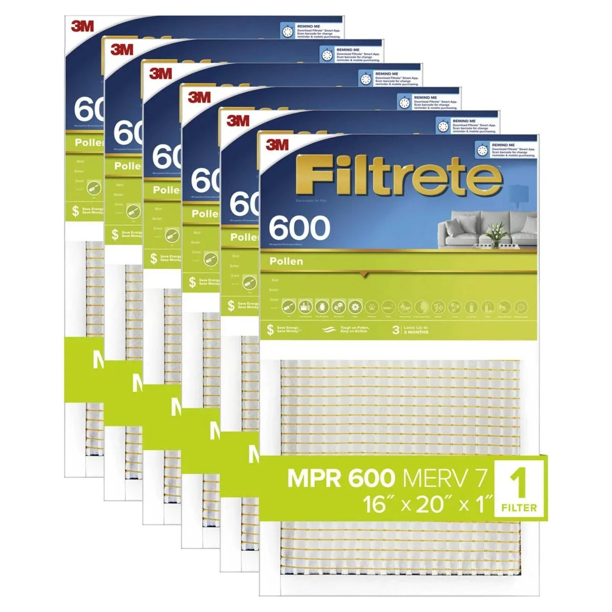 (6-Pack) Filter and Filtrete Pollen Dust 16x20x1 3M