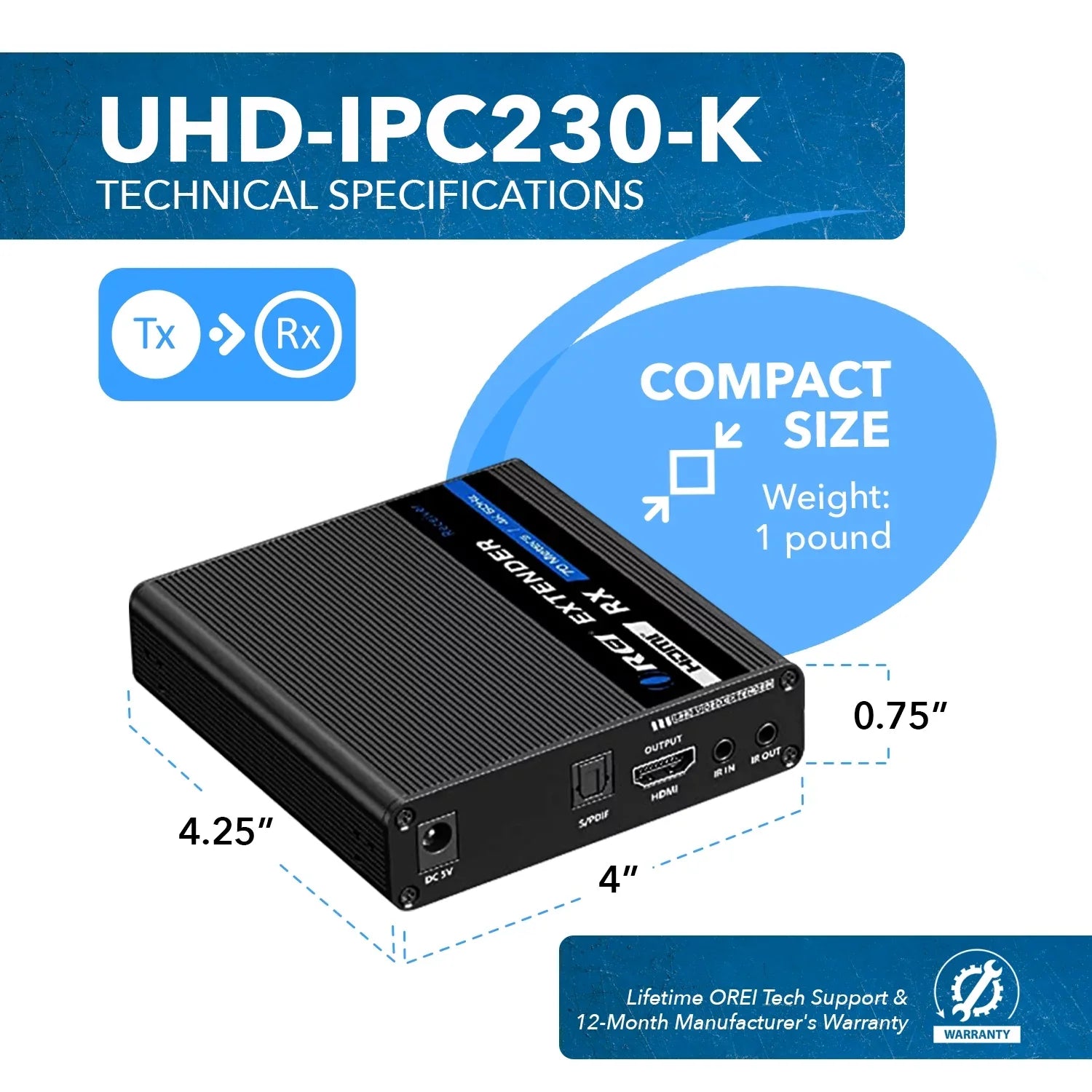 Extender Ft CAT6/7 -IR & -230 OREI Over Extraction (UHD-IPC230-K) Blaster 4K HDMI Audio