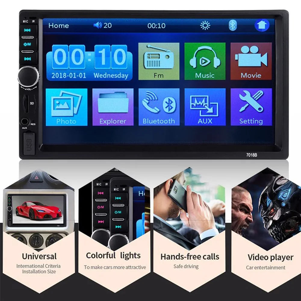 Bluetooth Stereo Car Link with Double Polarlander Audio AUX Touch 4LED Din USB with HD Backup Screen MP5/4/3 Function Car Car Multimedia Player 7-inch SD Camera Mirror Radio FM