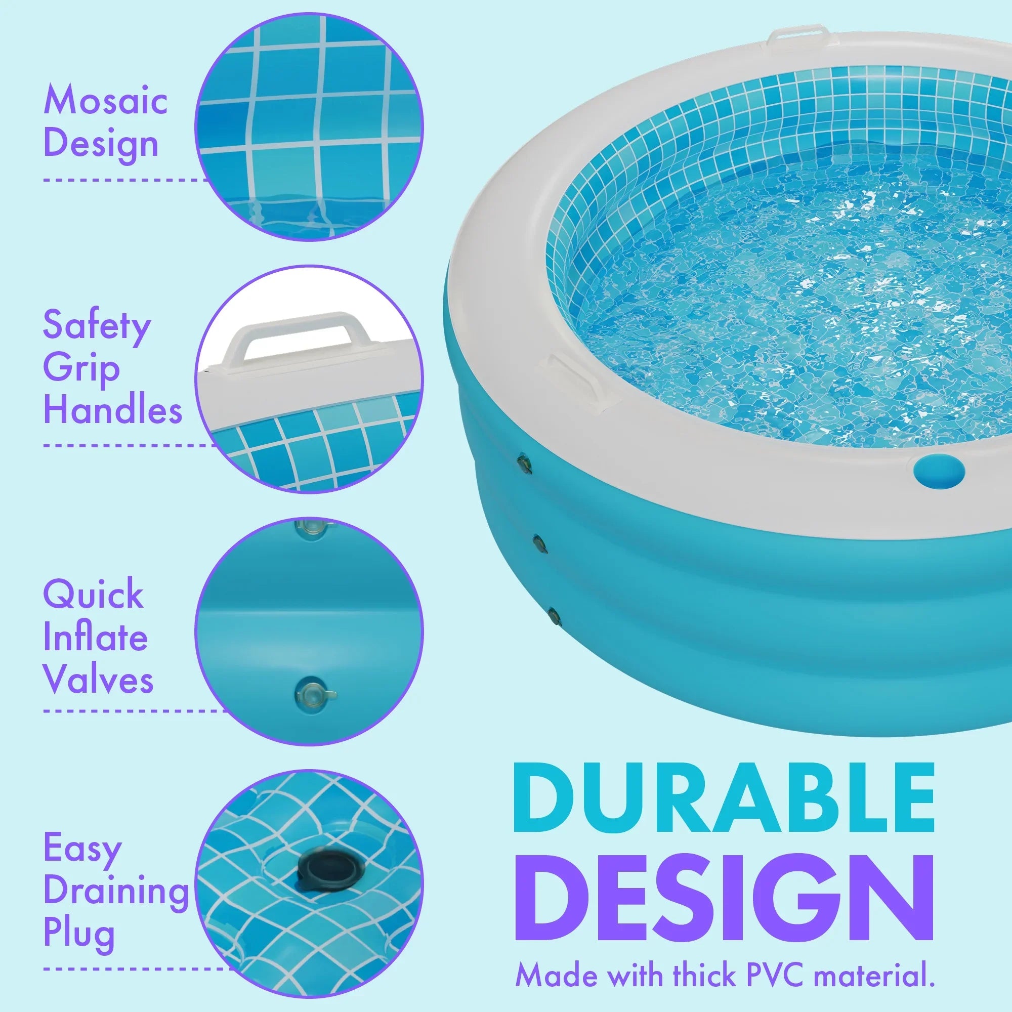 Kiddie Kids Kid Grip Swimming 8+ Round Ages Padded Inflatable Large and Blow Adults 5 Up Drain Perfect Pool with Round for 4 with 60"x22" 6 7 Floor and Handle Pool - Bars